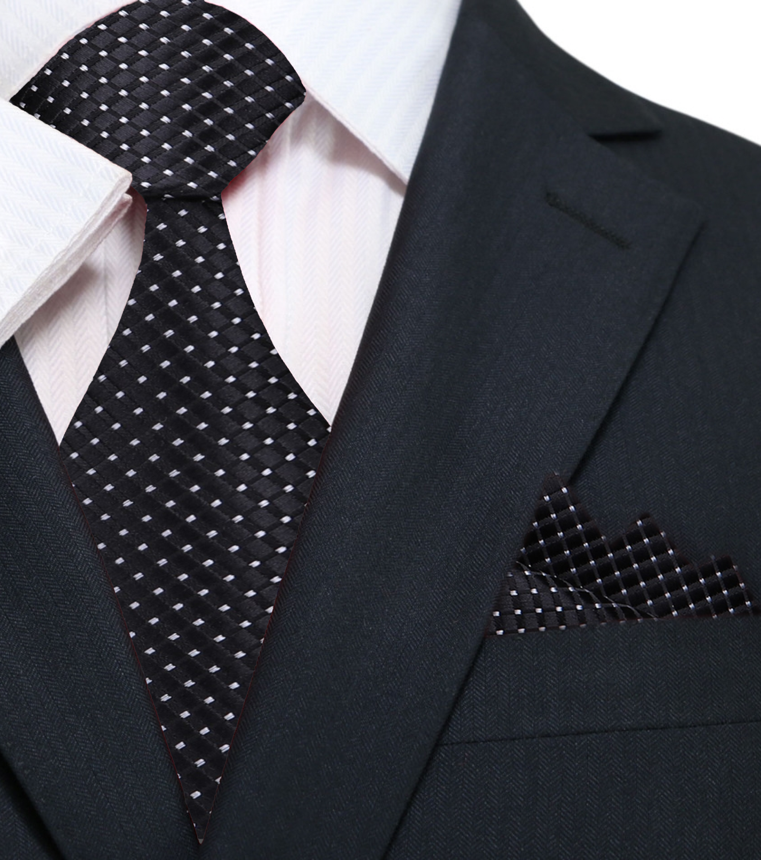 Main: A Black Small Geometric Diamond With Small Dots Pattern Silk Necktie With Pocket Square|