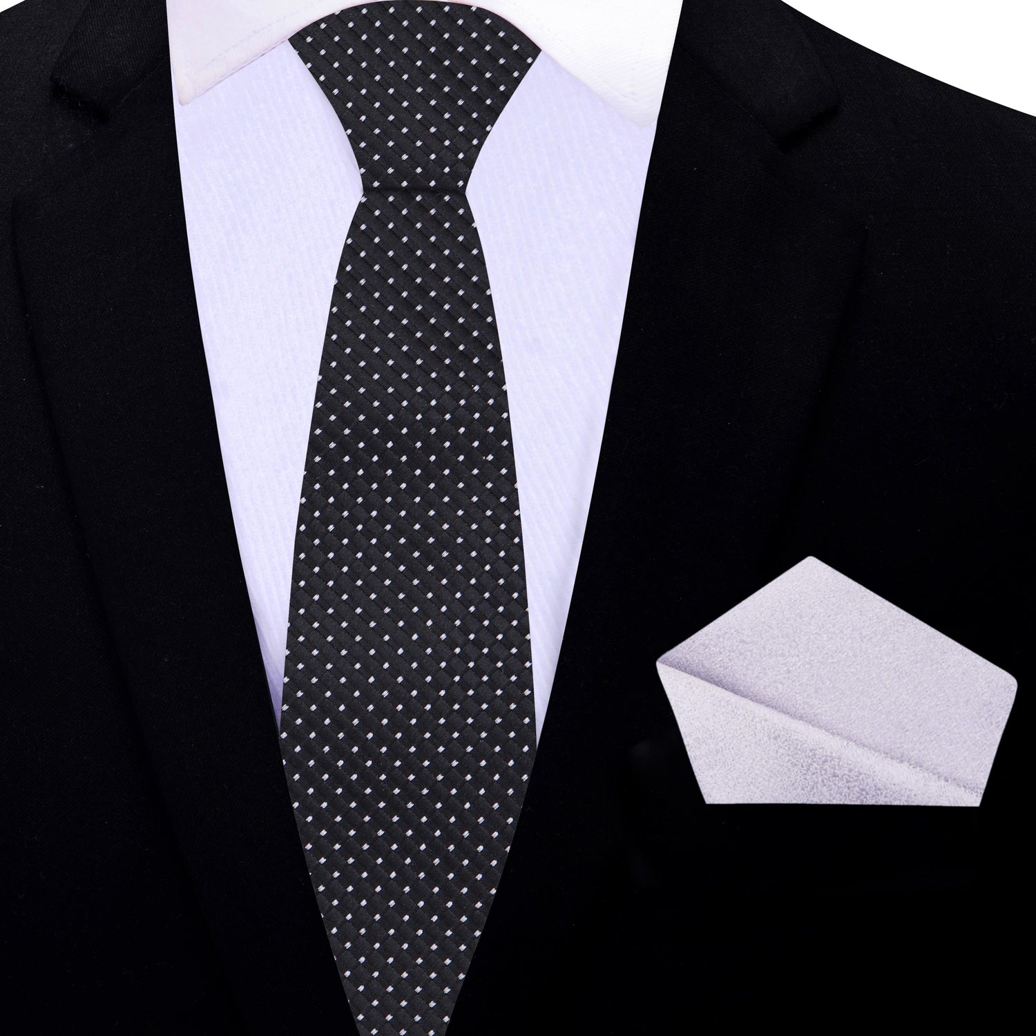 Thin Tie: Black Geometric Tie and Shimmer Silver Square