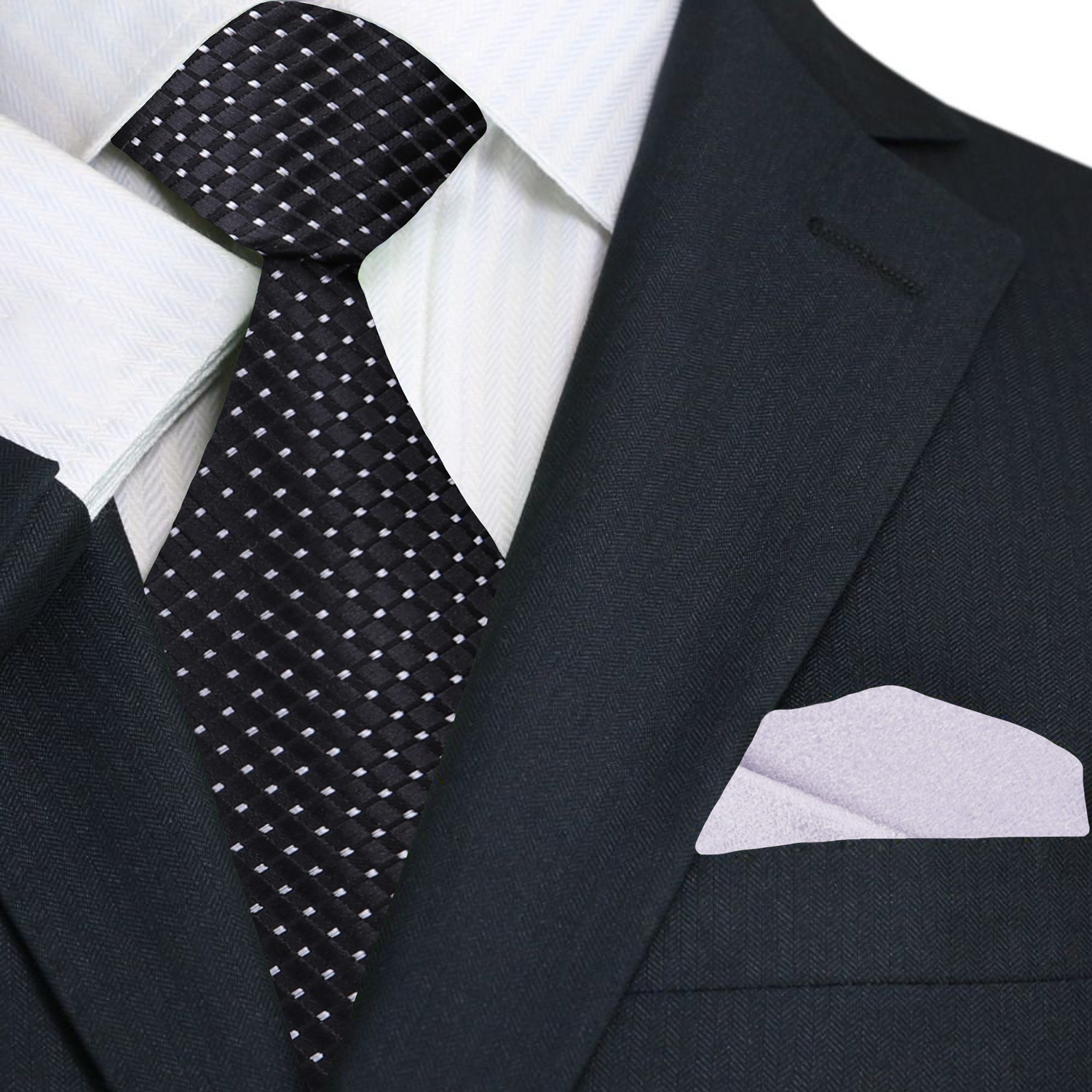 Main: A Black Small Geometric Diamond With Small Dots Pattern Necktie With Silver Block Stripe Pocket Square|