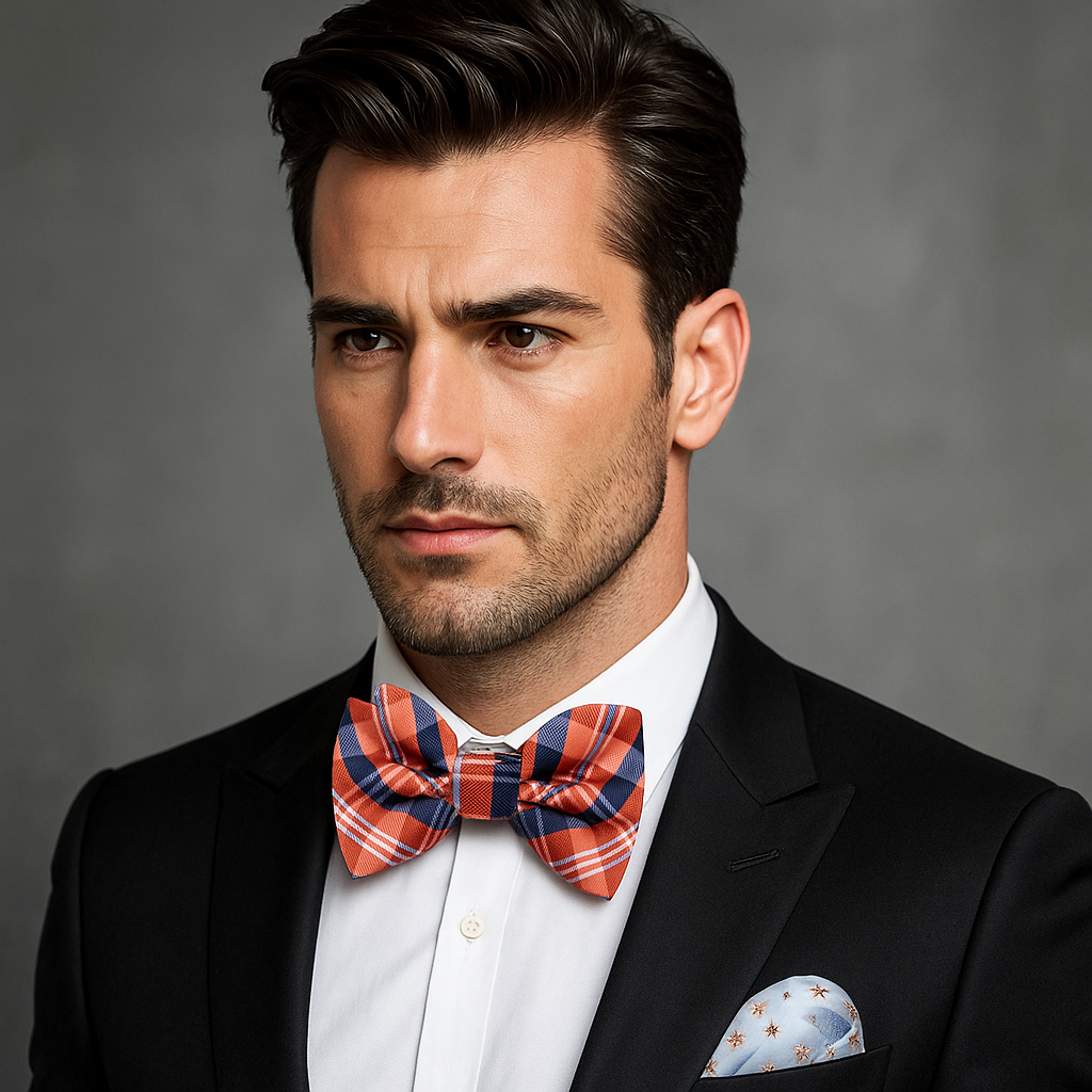 Man wearing a black suit with a red and blue checkered bow tie against a gray background