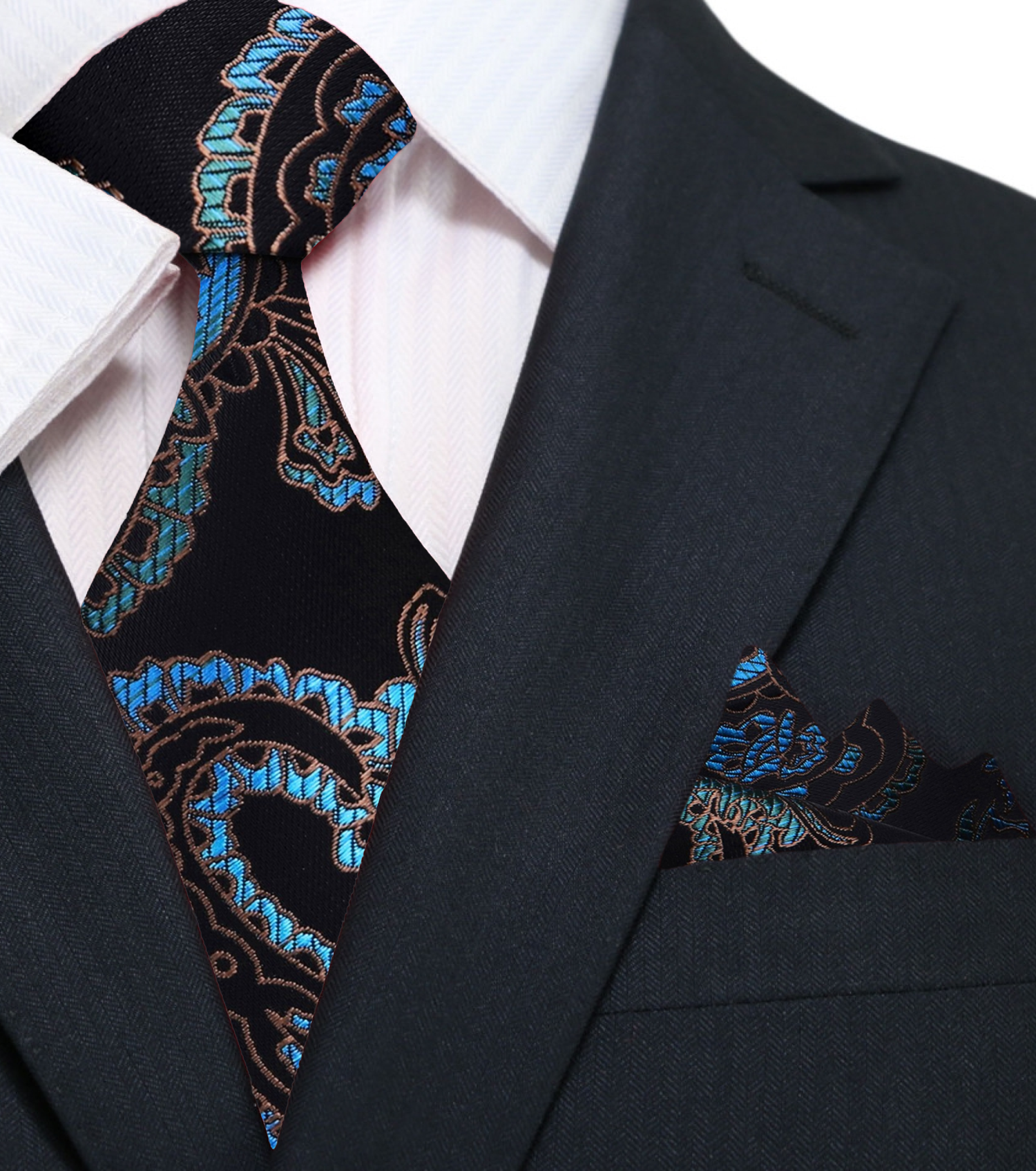 Black, Teal Paisley Tie and Pocket Square