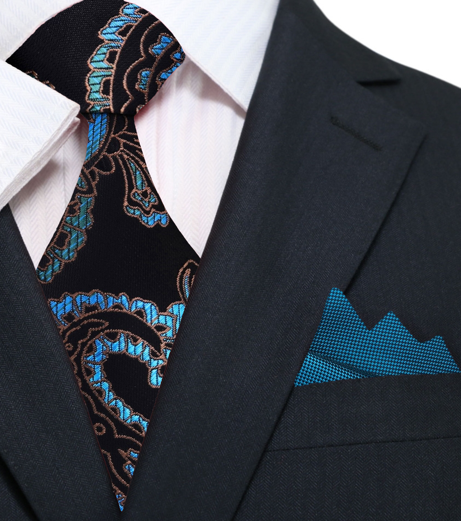 Black, Teal Paisley Tie and Accenting Pocket Square