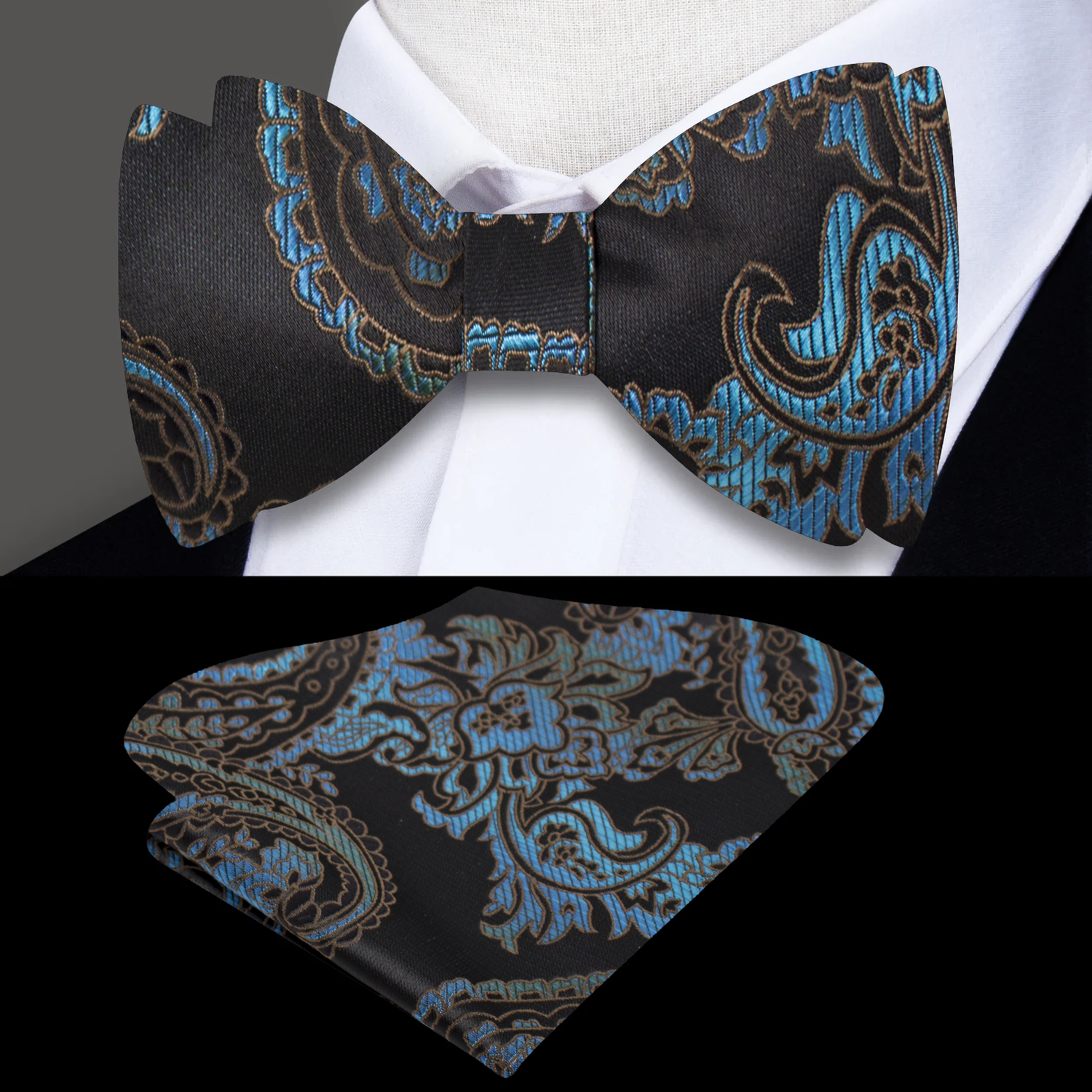 A Black, Teal Paisley Pattern Silk Self Tie Bow Tie, Matching Pocket Square