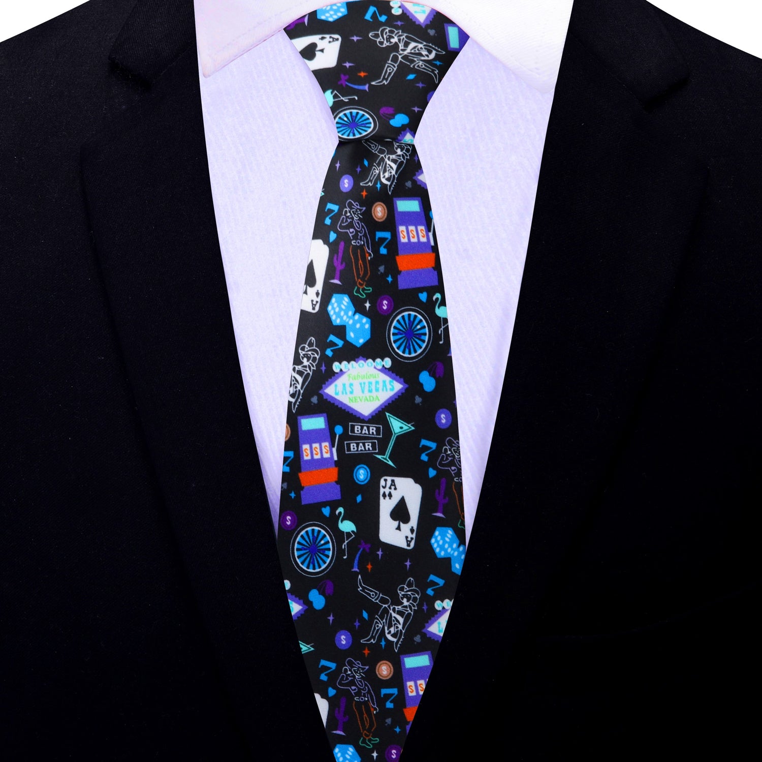 Thin Tie: Black with Vibrant Colored Vegas Themed Silk Necktie