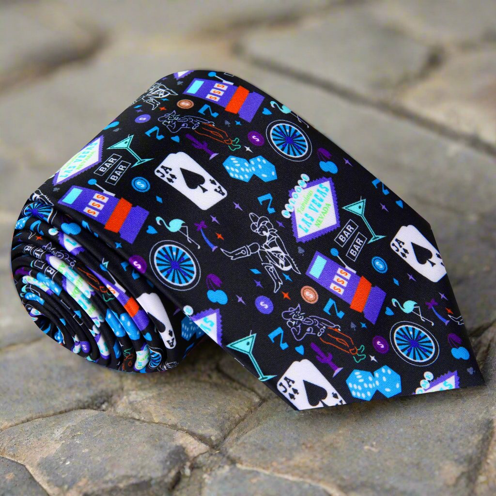 Black with Vibrant Colored Vegas Themed Silk Necktie Rolled up