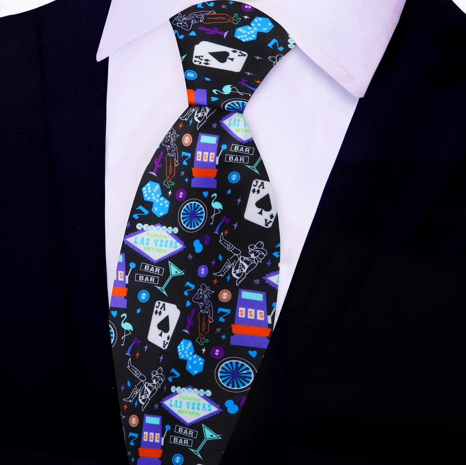 Black with Vibrant Colored Vegas Themed Silk Necktie