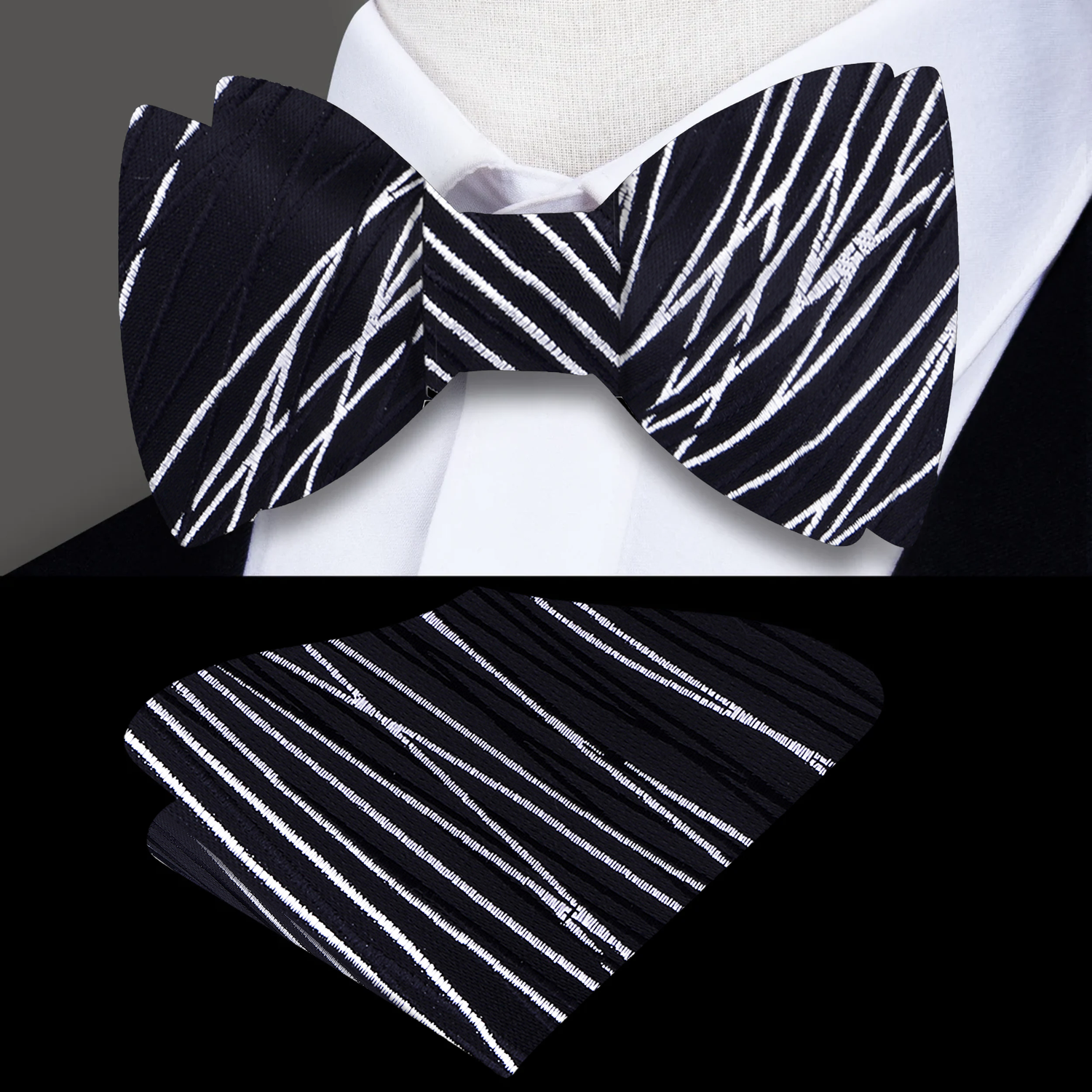 A Black, White Abstract Intersecting Lines Pattern Silk Self Tie Bow Tie, Matching Pocket Square
