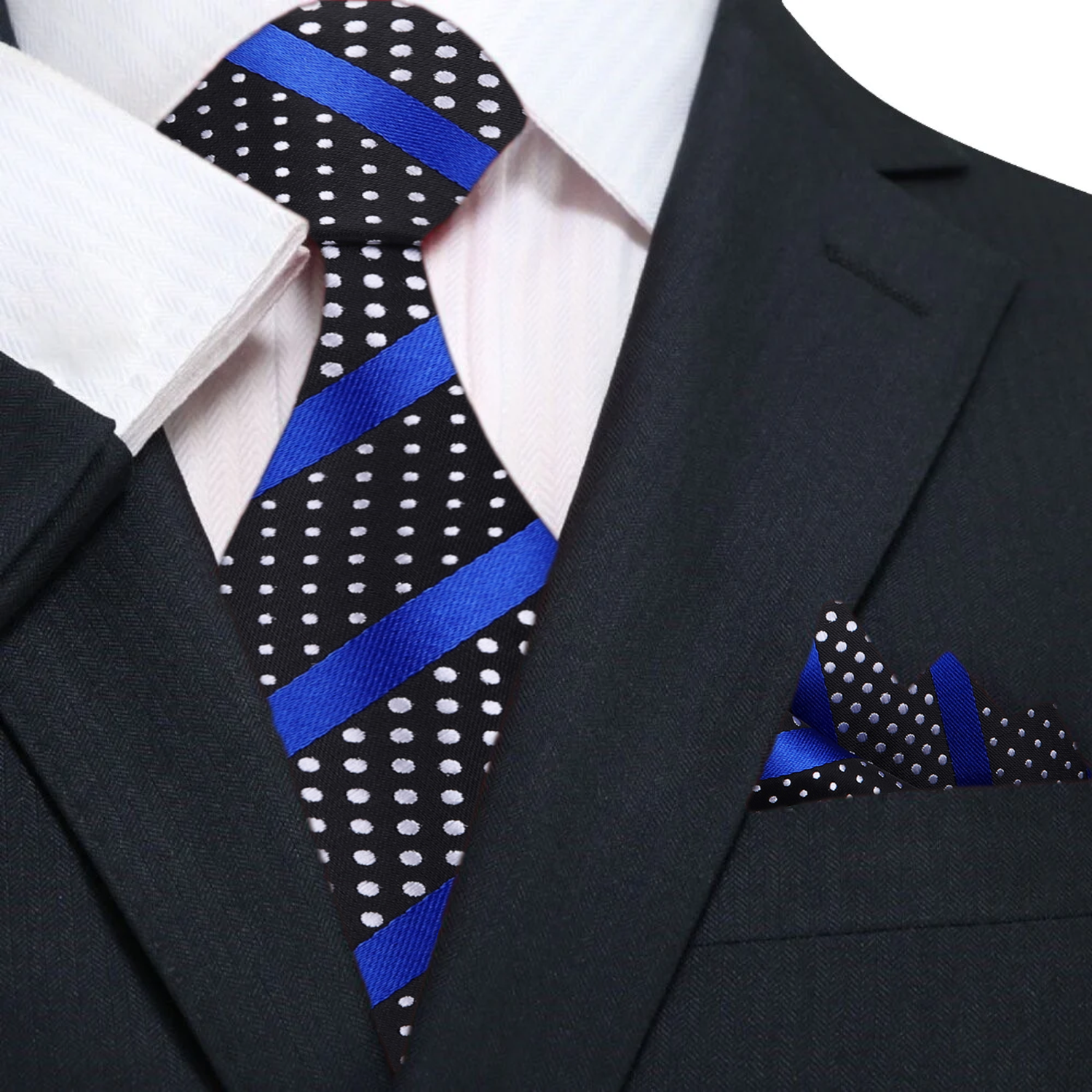 Main: Black, Blue, White Stripe/Polka Tie and Pocket Square