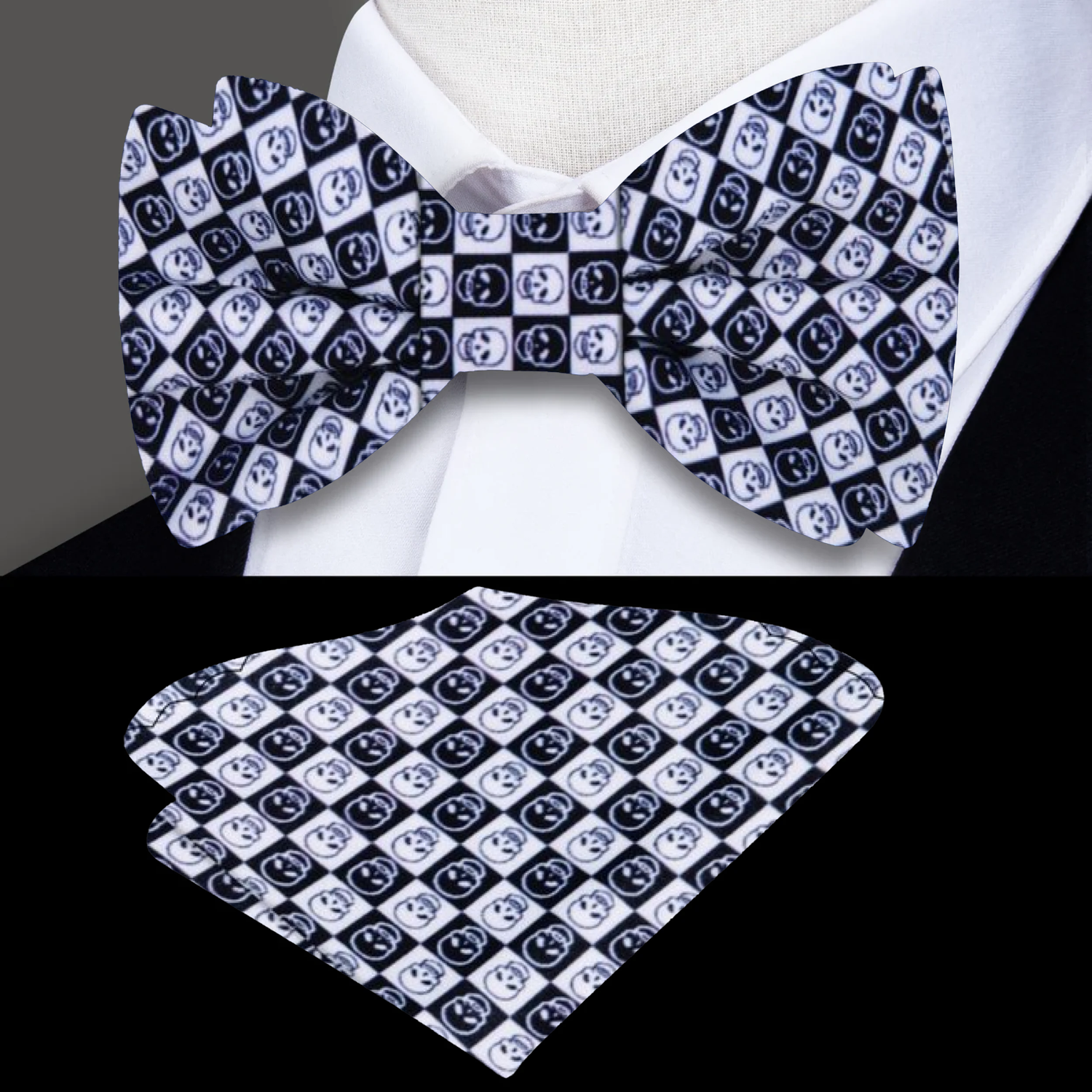 Black, White Checkered Skull Bow Tie and Pocket Square||Black