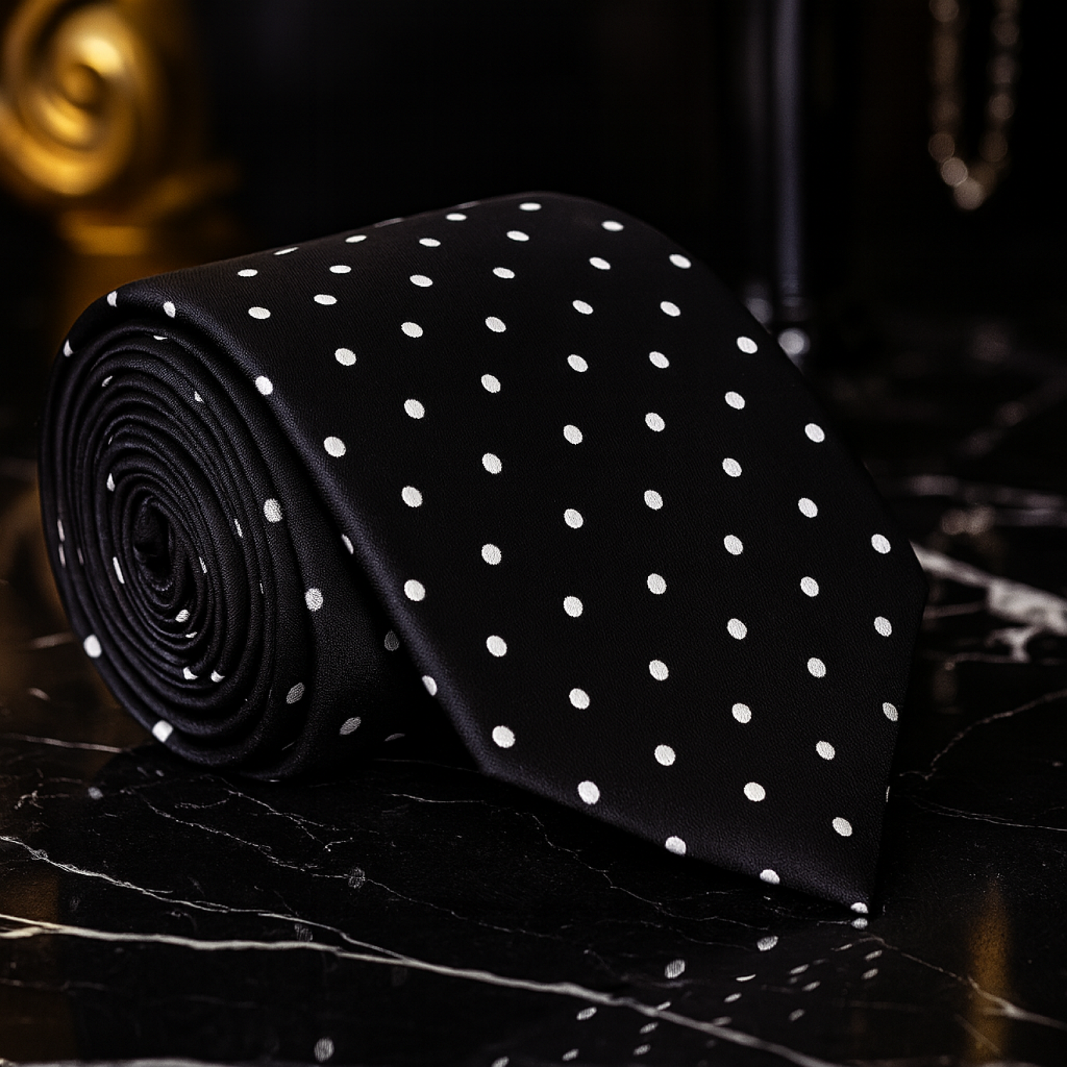 Black tie with white polka dots on a dark surface