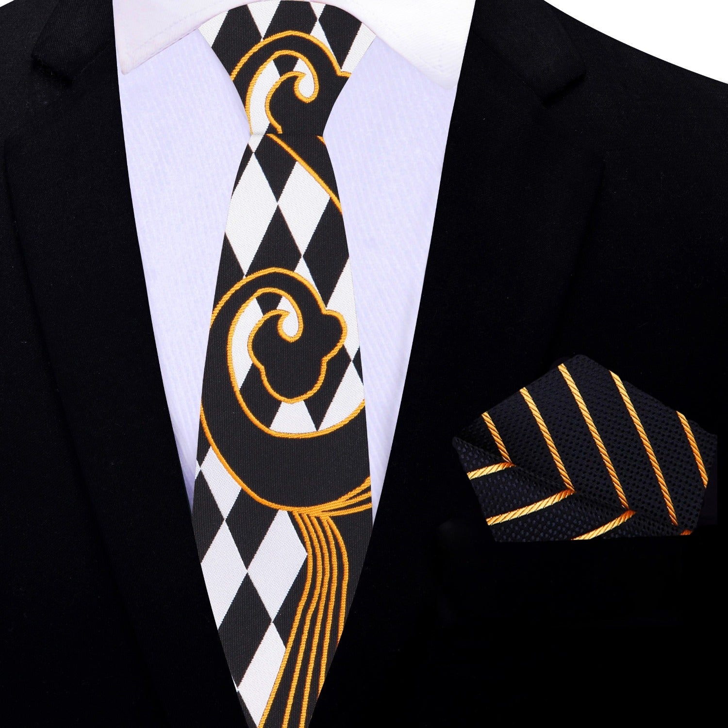 Thin Tie: Black, Light Grey and Gold Paisley and Check Necktie and Black Gold Stripe Square