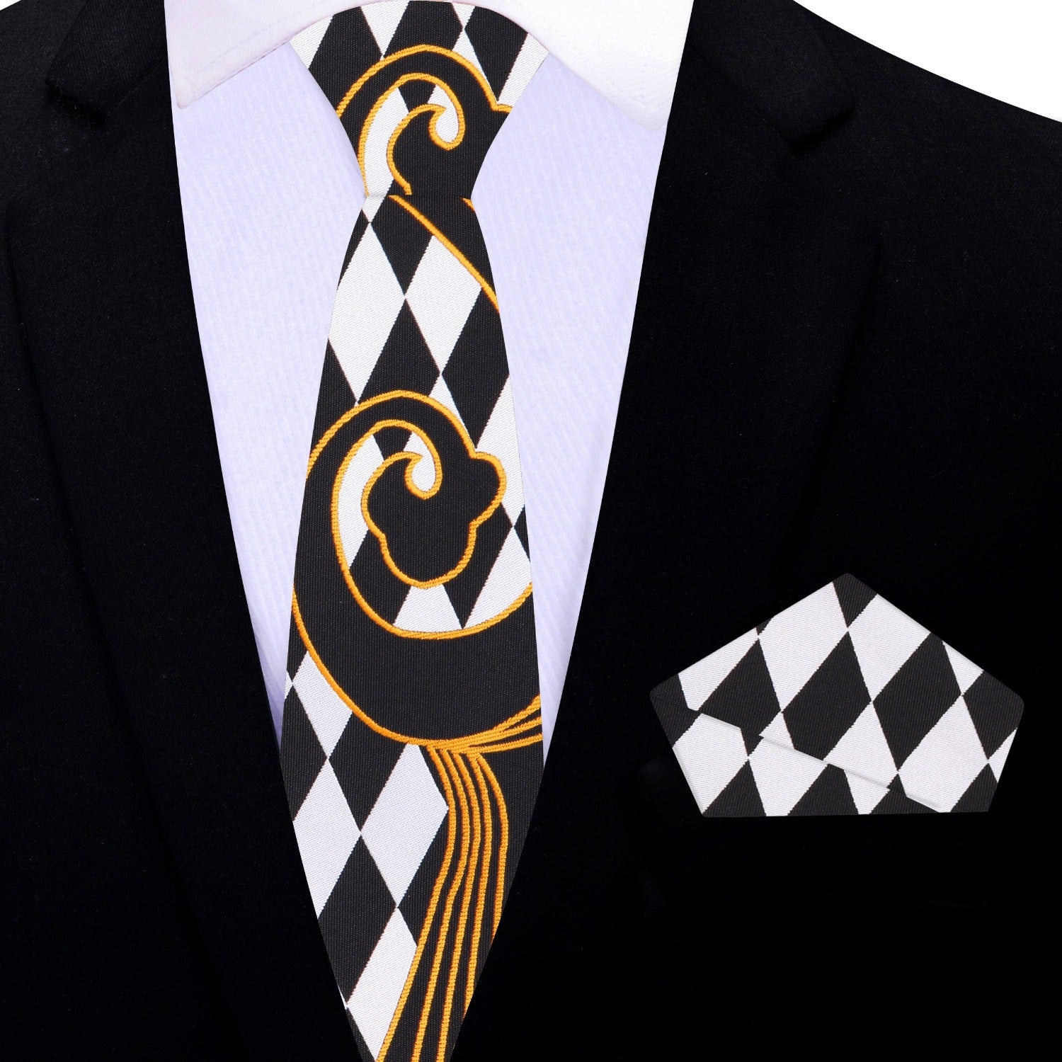 Thin Tie: Silky Black, Sun Gold, Shadow White With Abstract Pattern And Check Designs Tie and Square