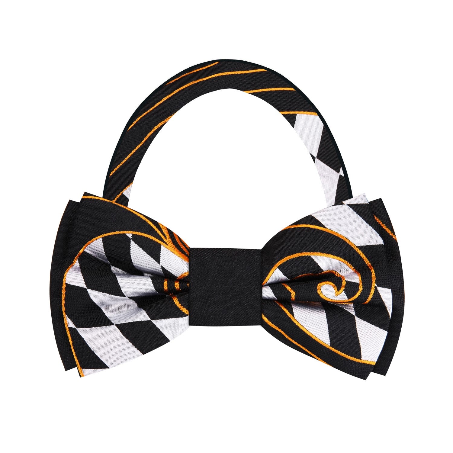 Pre Tied Black, Light Grey, Gold Geometric and Paisley Bow Tie