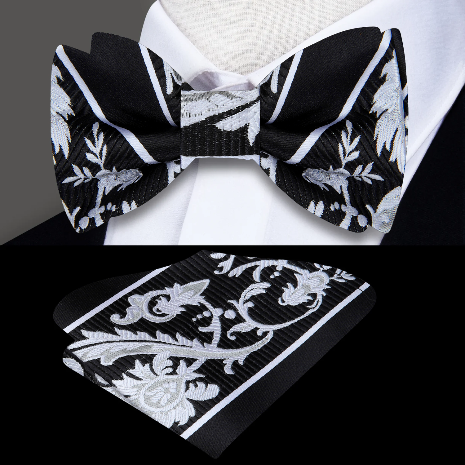 Main: Black, Light Grey, White Floral Bow Tie and Pocket Square