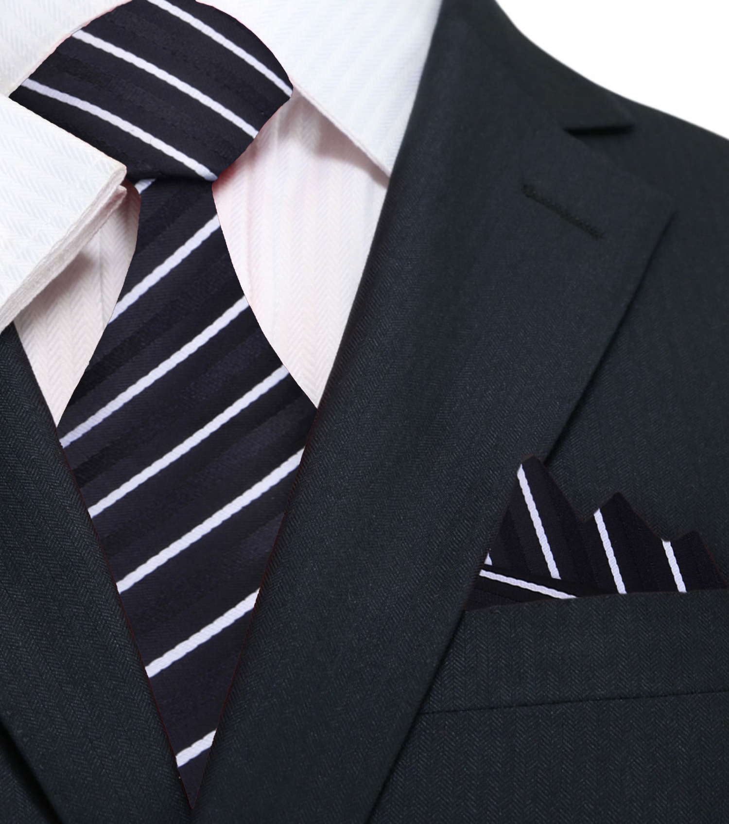 Black, White Stripe Tie and Square ||Black, White