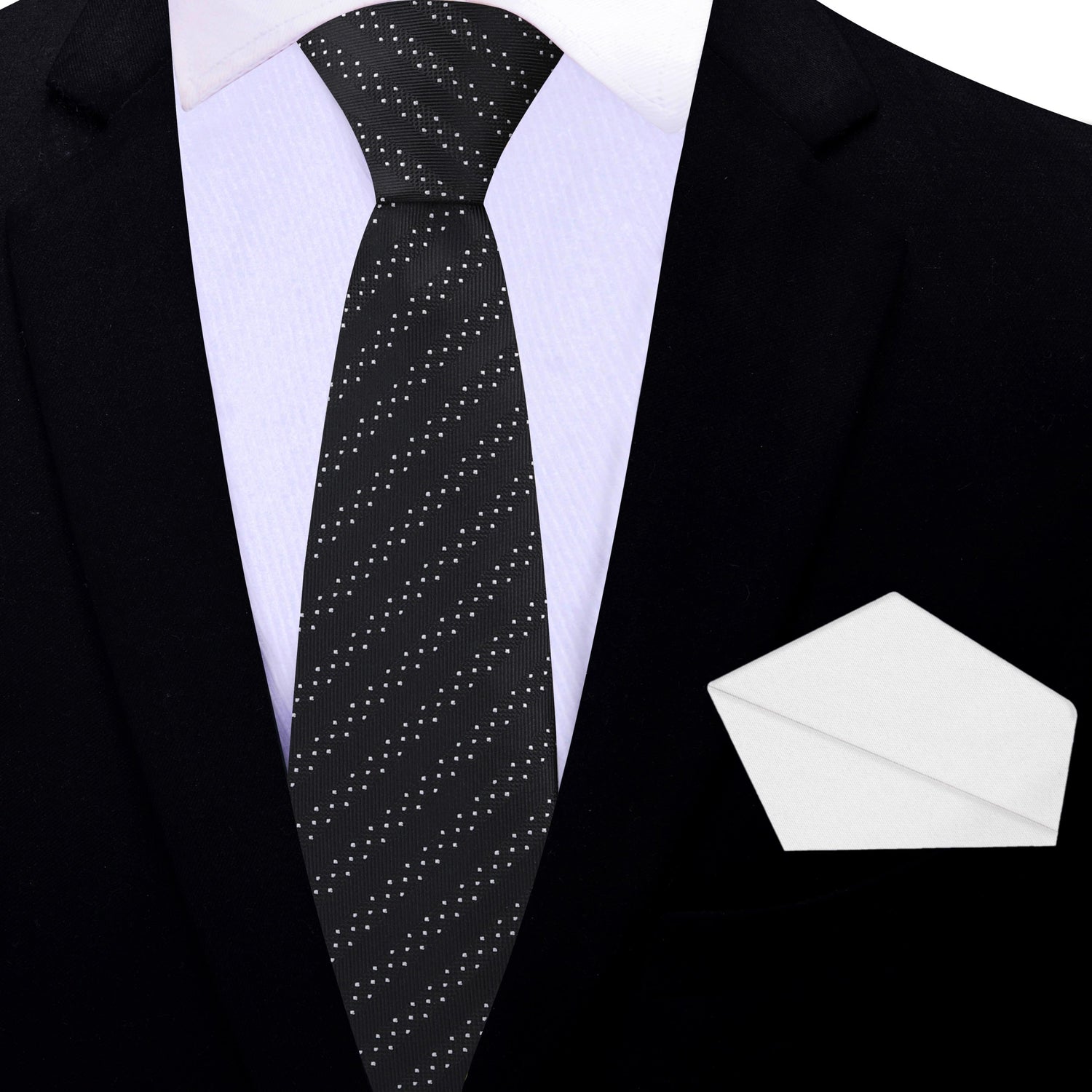 Thin Tie: Black with White Dot Necktie and White Square