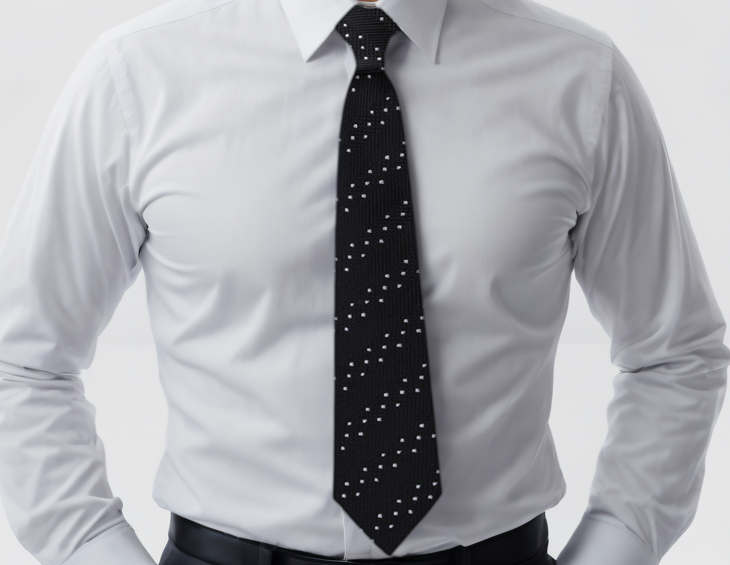 Black with White Dot Necktie On White Shirt