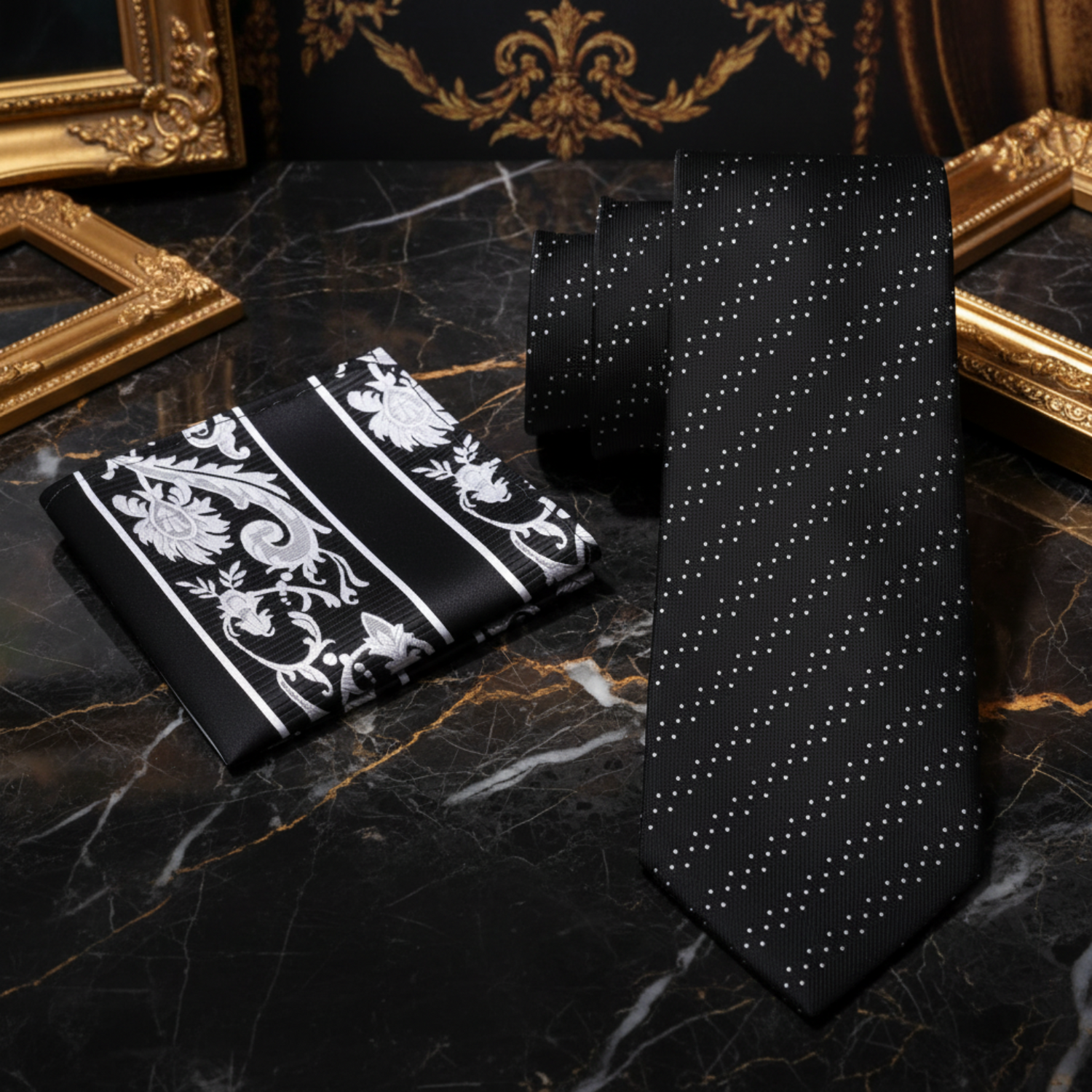 Black White Navigator Tie and Accenting Square Alt