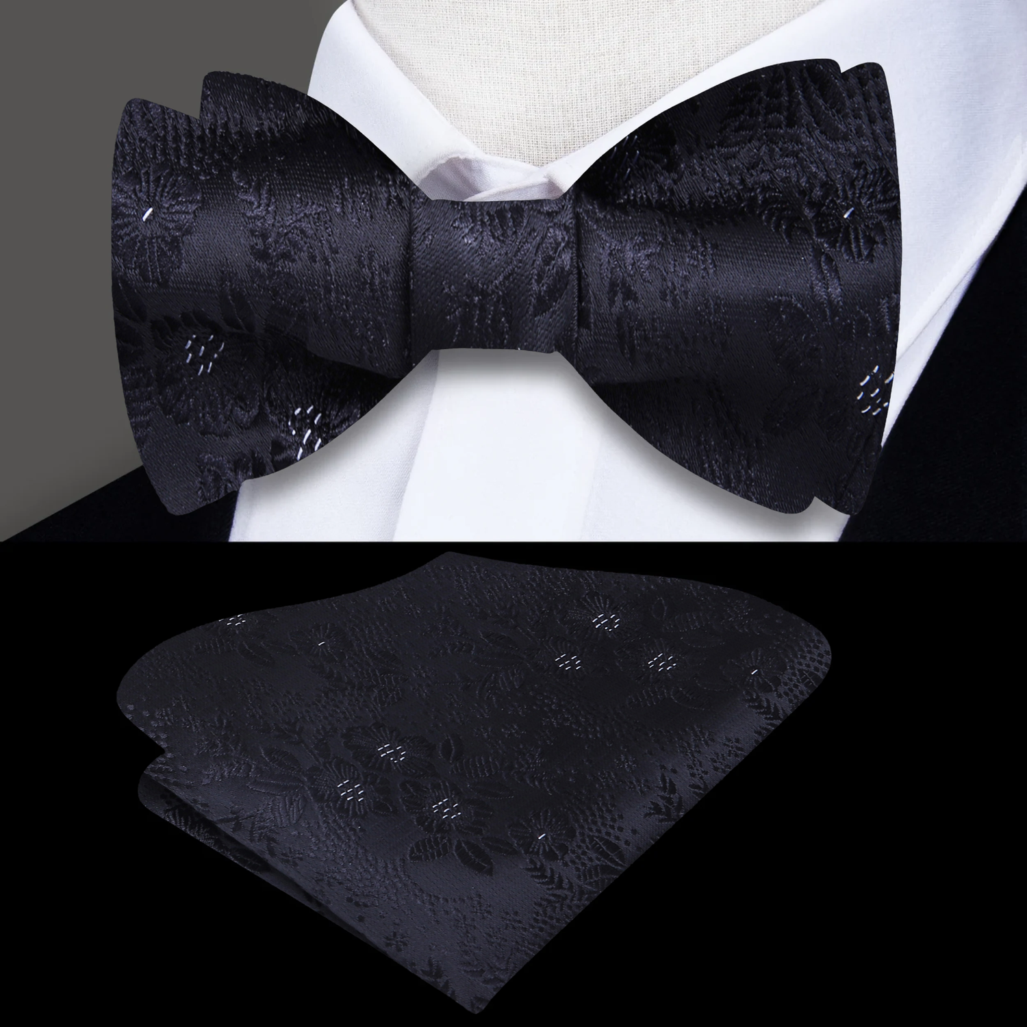 A Black, White Detailed Flowers Pattern Silk Self Tie Bow Tie