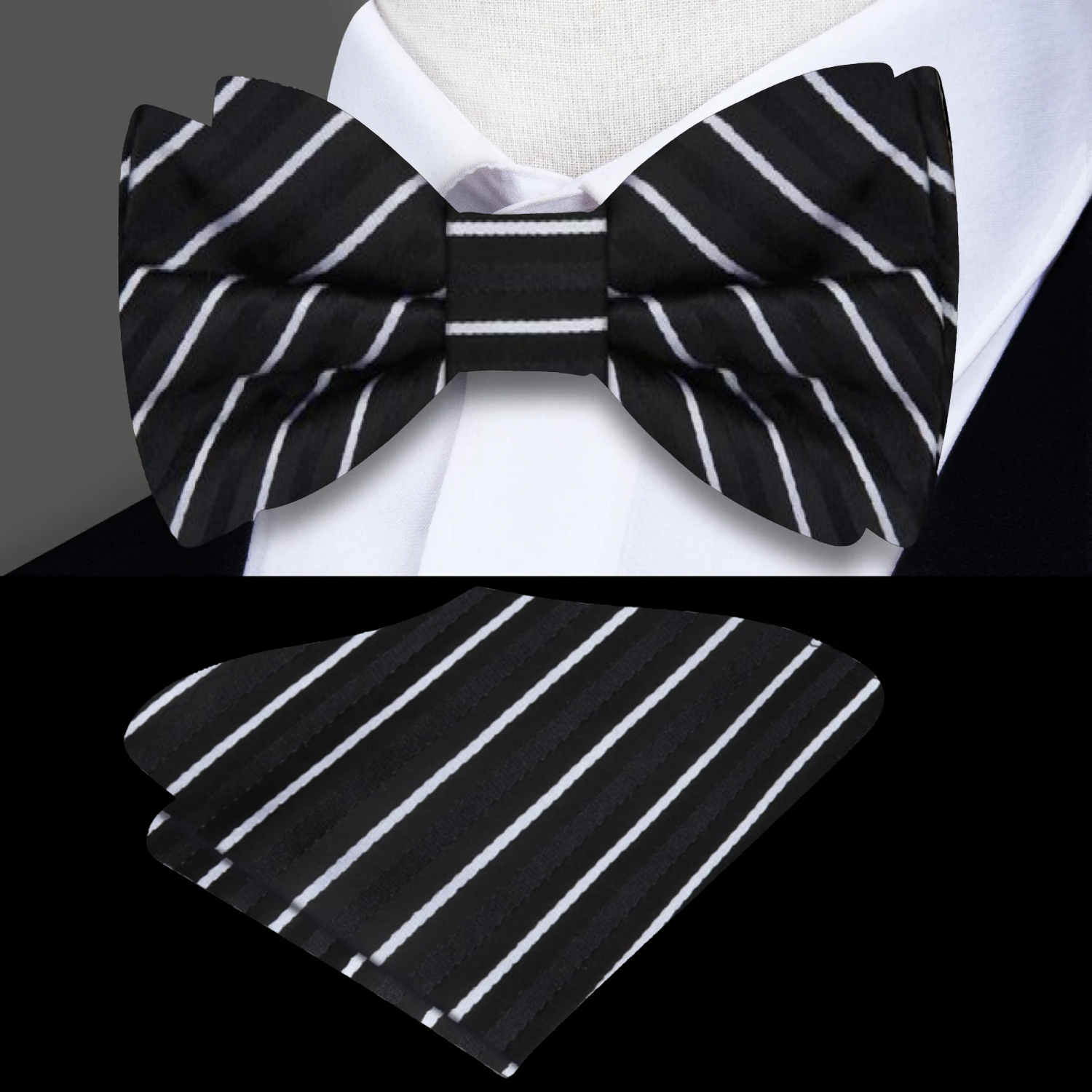 Black with White Pinstripe Bow Tie and Matching  Square