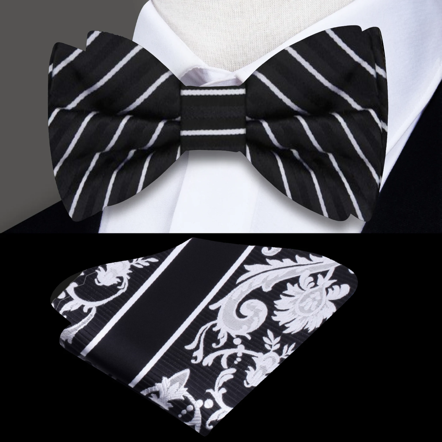 Main View: Black with White Pinstripe Bow Tie and Accenting Black, White, Grey Floral Square