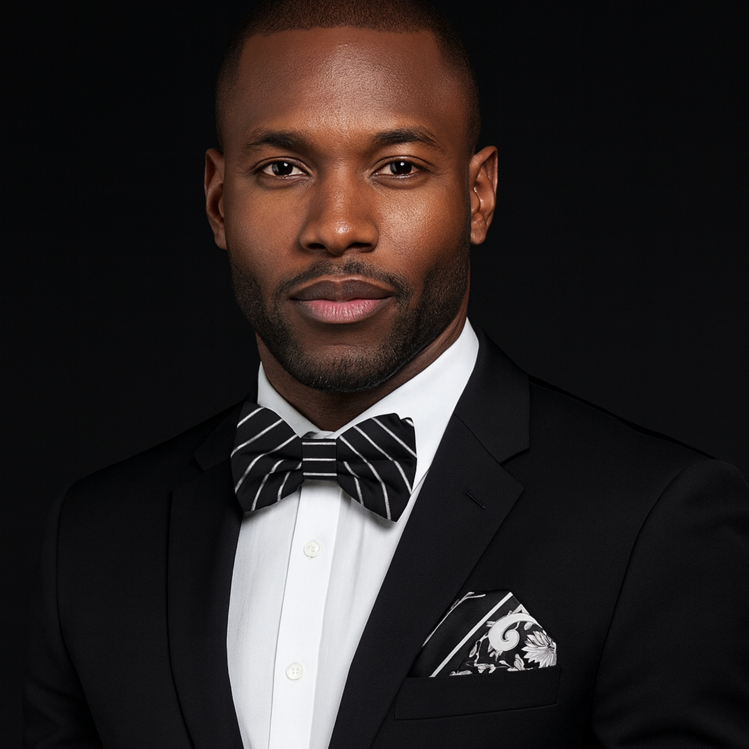Man wearing a black suit with a white shirt and striped bow tie against a dark background
