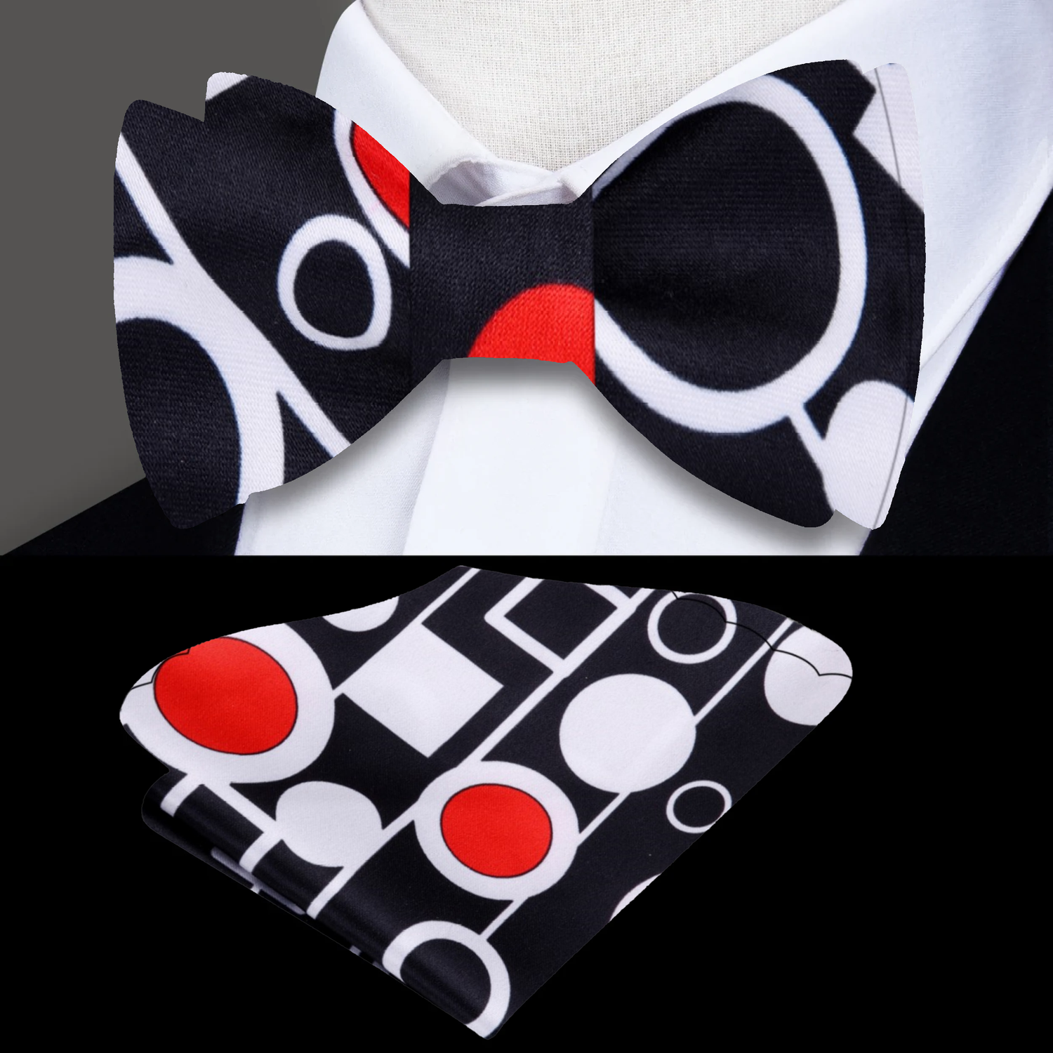 Black, Red, White Abstract Bow Tie and Pocket Square