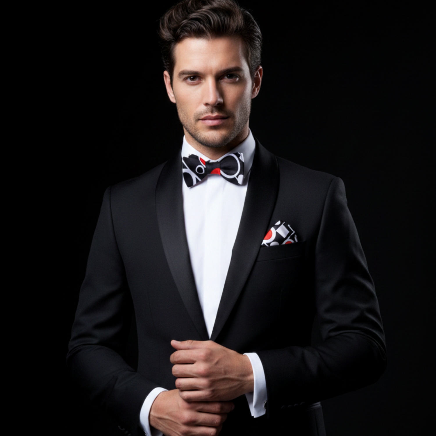 Man wearing a black suit with a patterned bow tie and pocket square on a black background