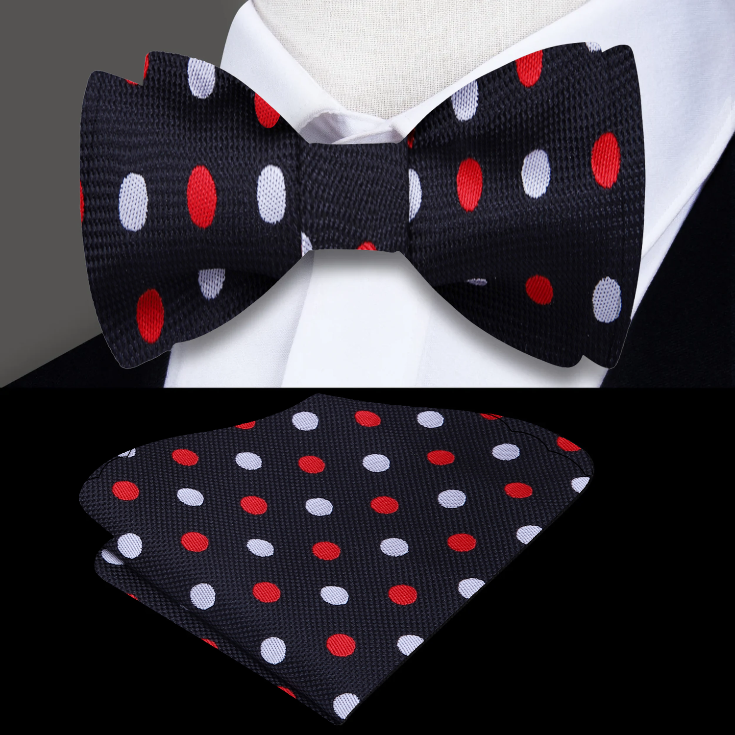 Main View: Black, White, Red Polka Bow Tie and Pocket Square
