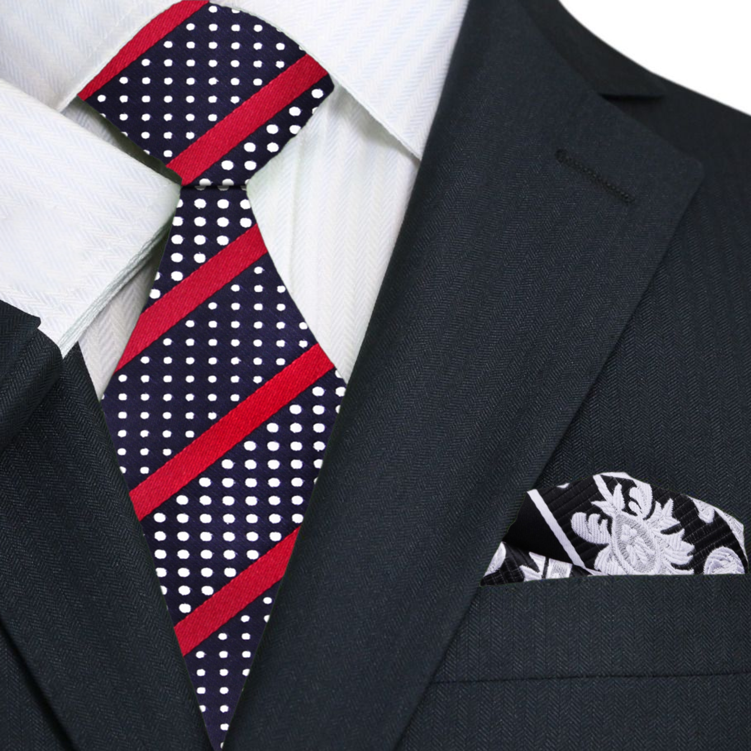 Black, Red, White with Stripes and Dots Tie with Accenting Black, Grey Paisley Square