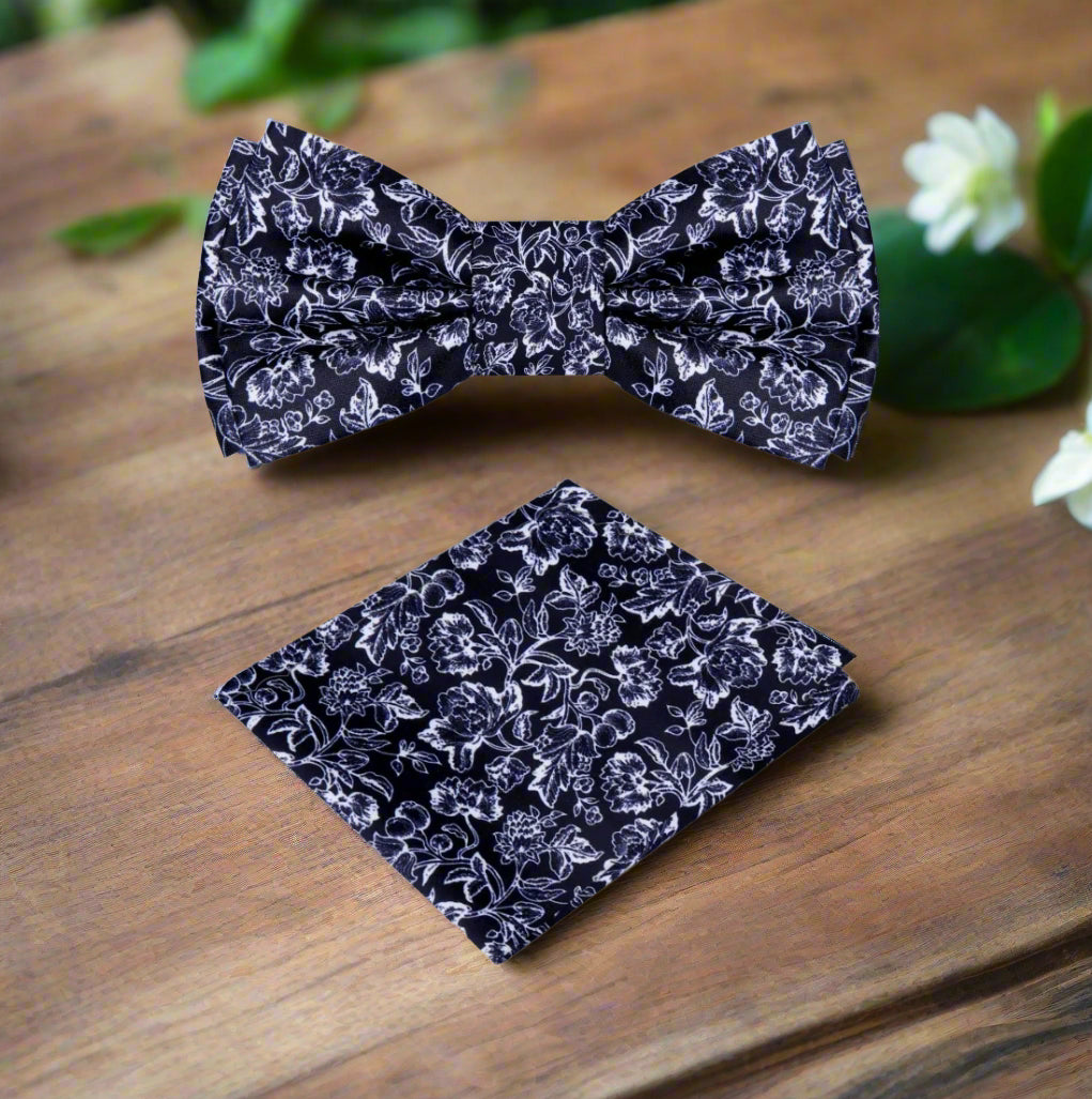 Black, White Filigree Single Bow Tie and Square 12