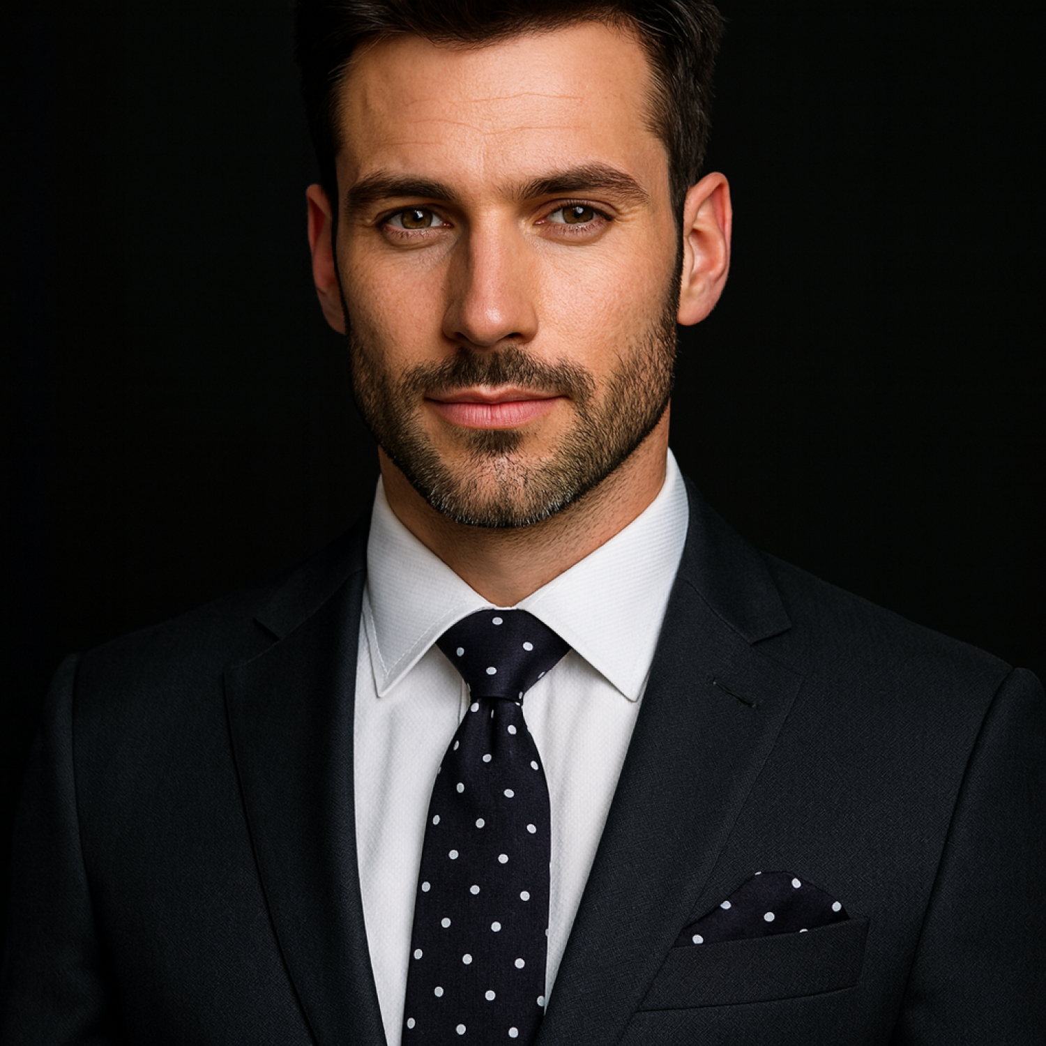 Man wearing a dark suit with a white shirt and polka dot tie against a black background
