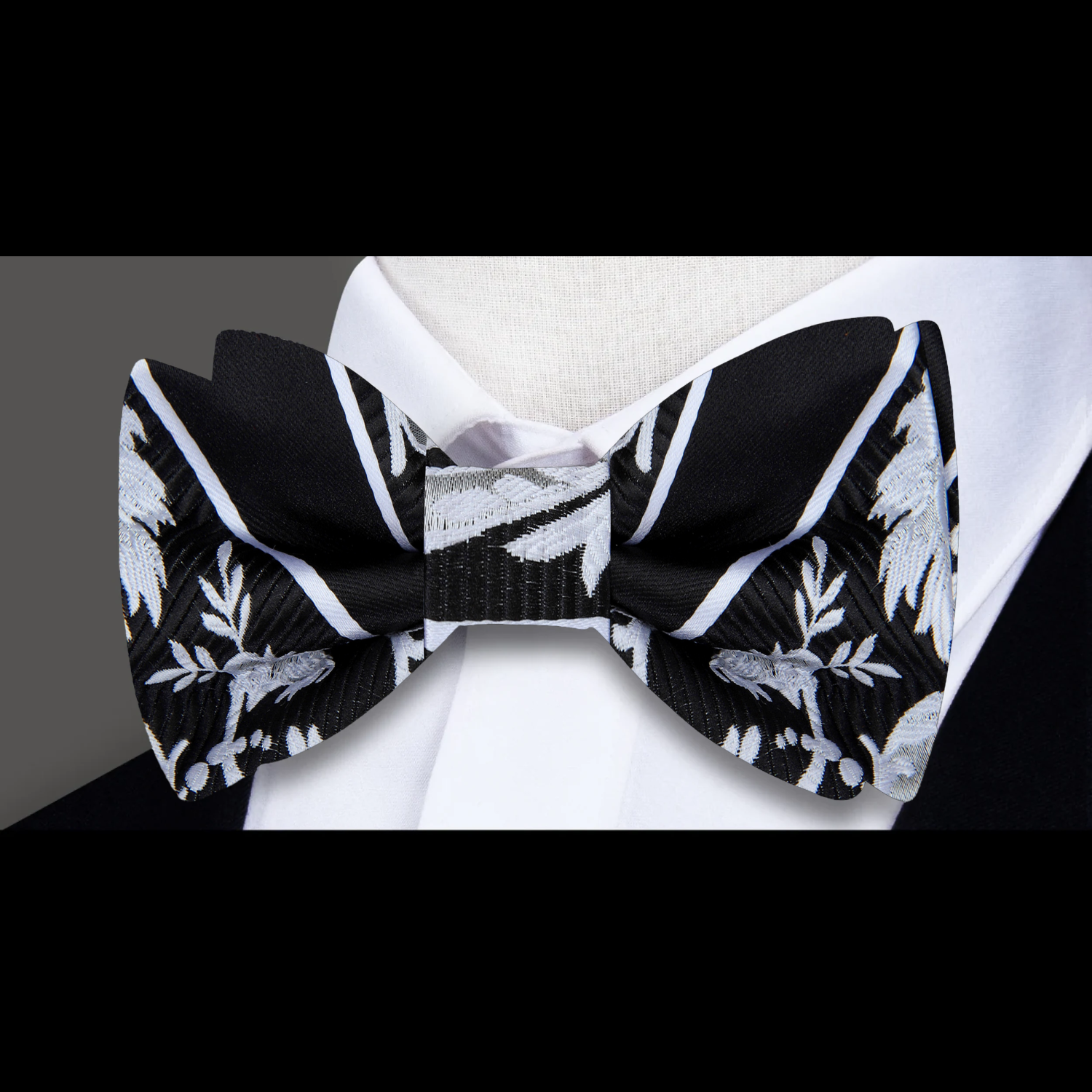 Black, Light Grey, White Floral Bow Tie