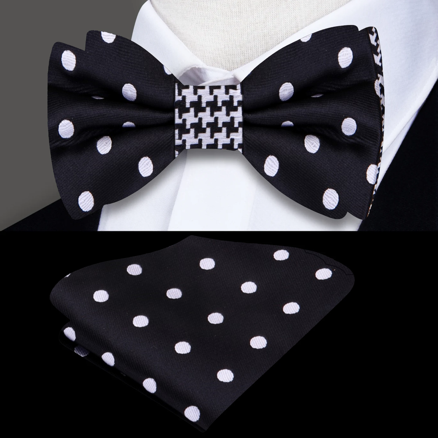 Black, Light Grey Dots Bow Tie and Square