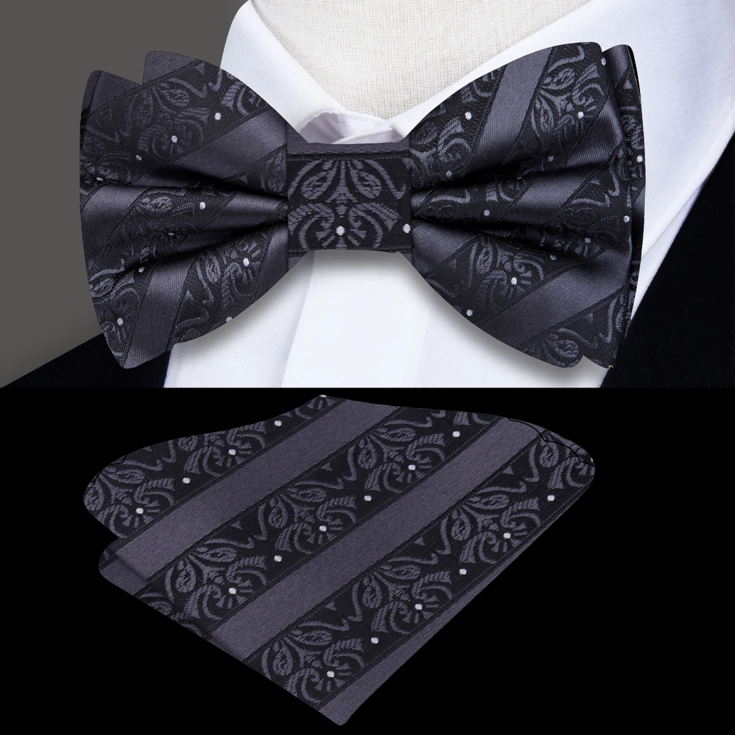 Black, White Dot Floral Texture Bow Tie and Square