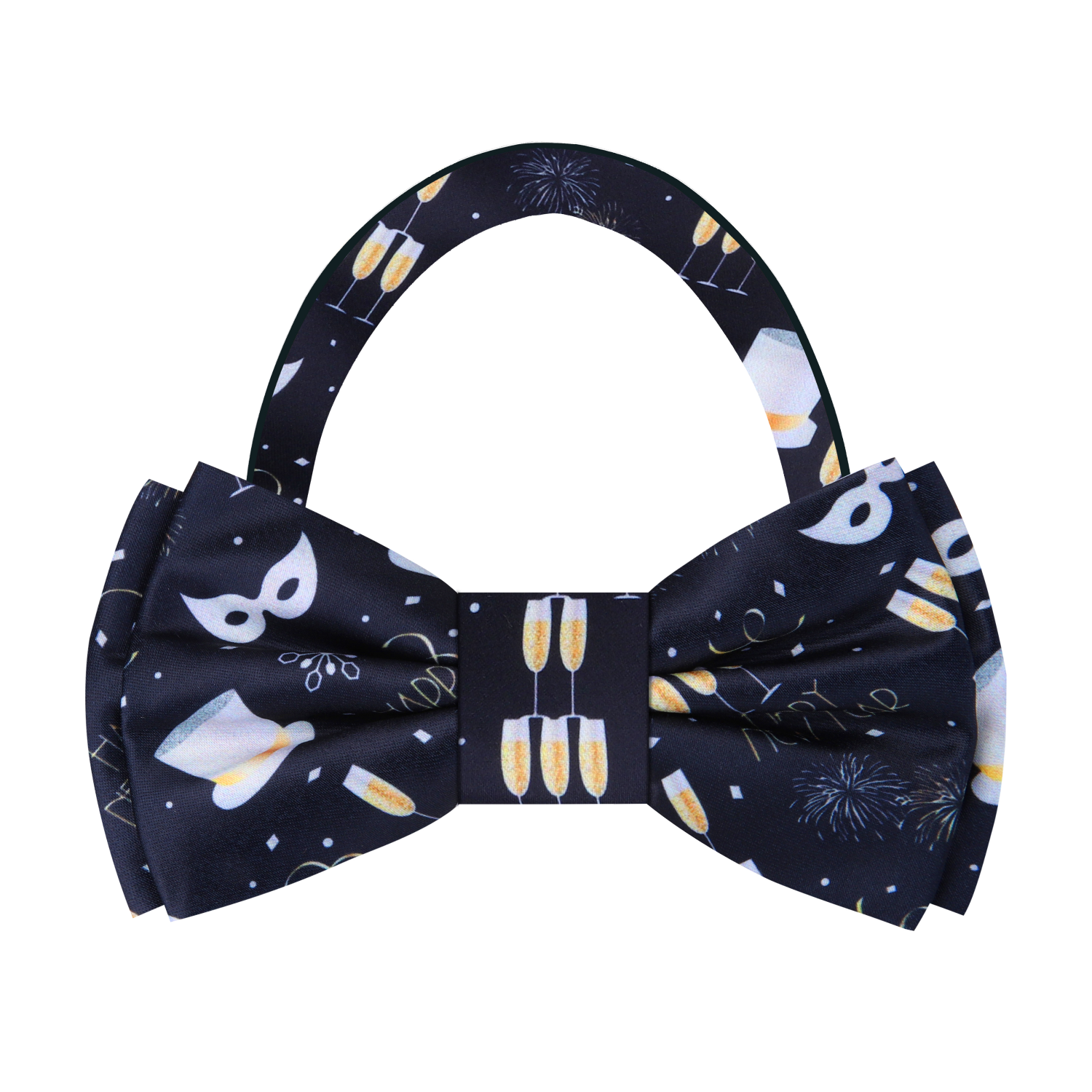 Black, White and Gold Champagne, Mask, Hat, Fireworks Happy New Year Bow Tie Pre Tied