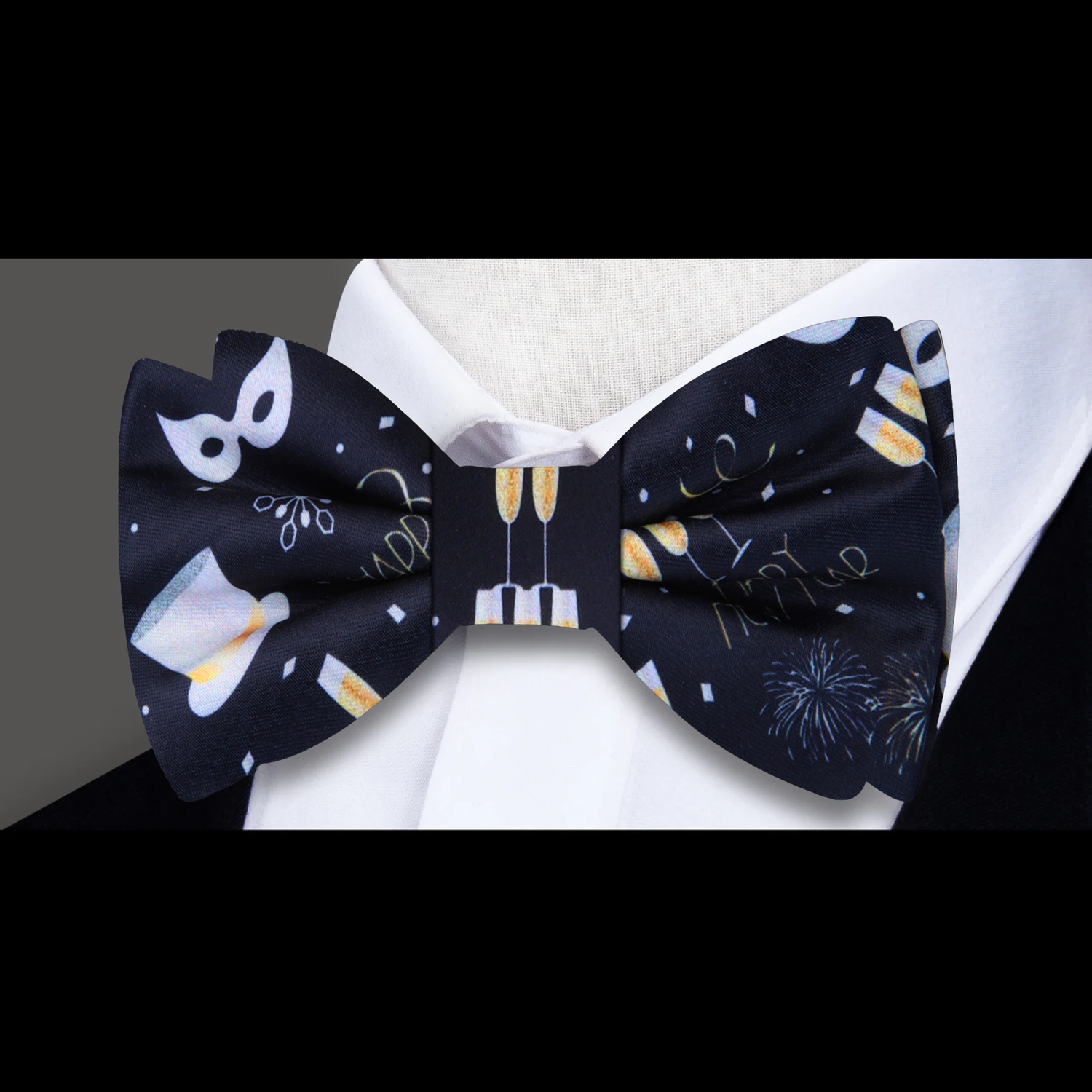 Black, White and Gold Champagne, Mask, Hat, Fireworks Happy New Year Bow Tie 
