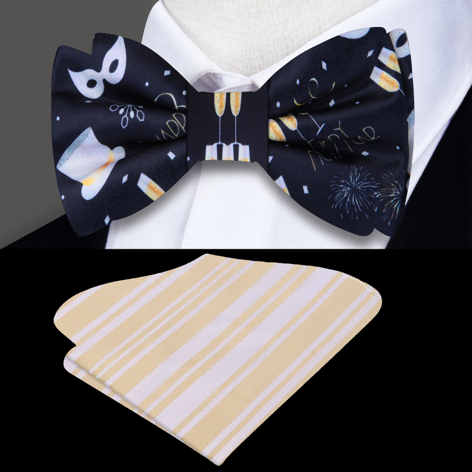 Black, White and Gold Champagne, Mask, Hat, Fireworks Happy New Year Bow Tie and Accenting Square