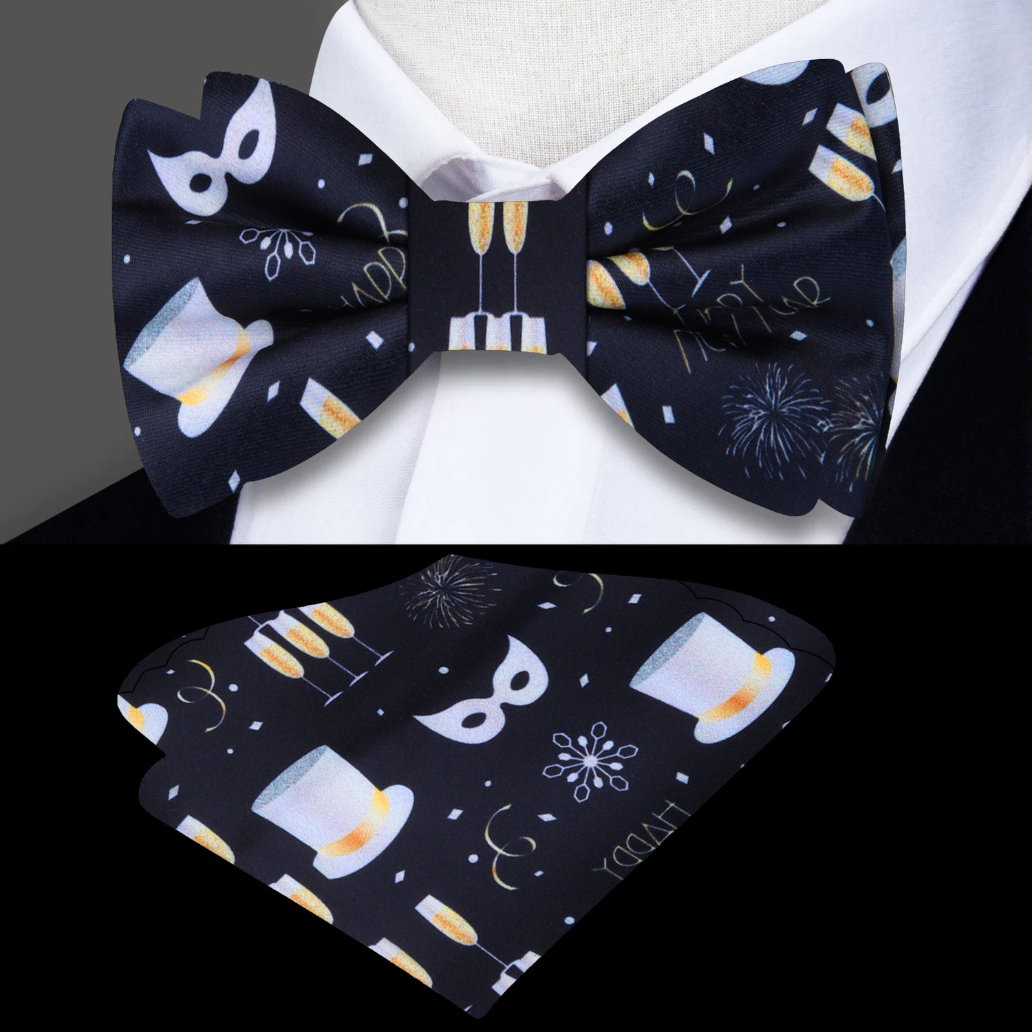 Black, White and Gold Champagne, Mask, Hat, Fireworks Happy New Year Bow Tie and Square