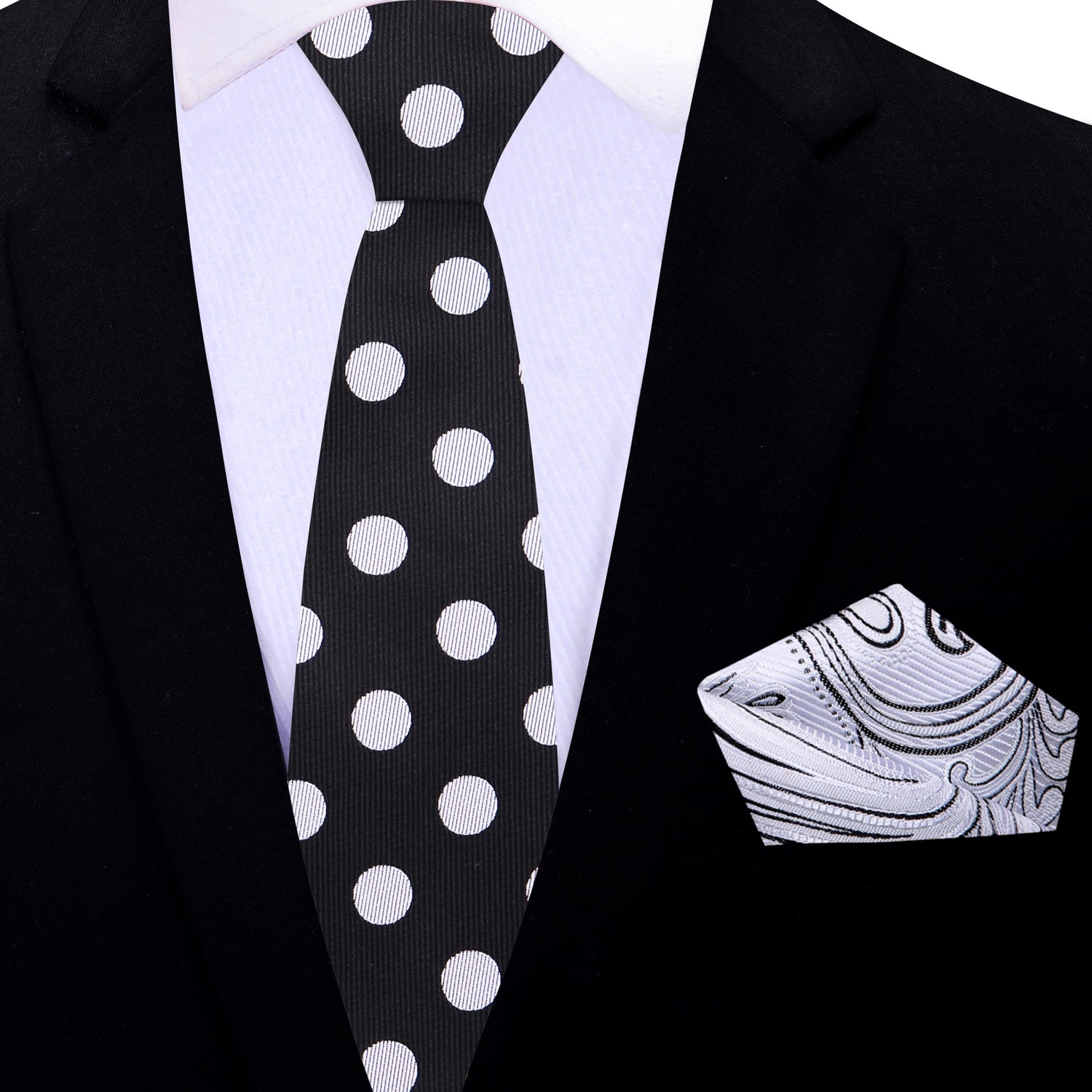 Thin Tie: Black, Light Grey Polka Necktie with Light Grey, Black Paisley Square