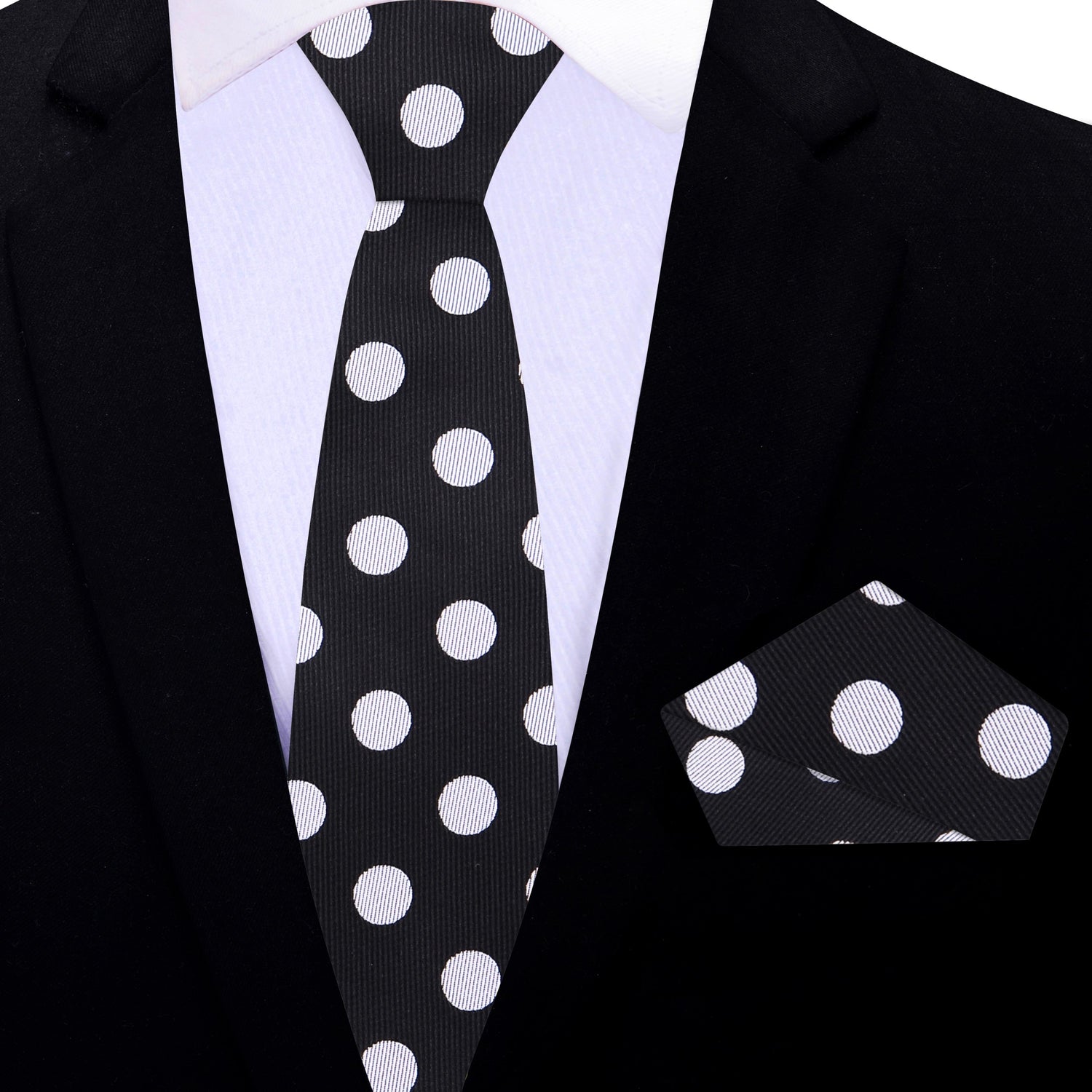 Thin Tie: Black, Light Grey Polka Necktie with Matching Square