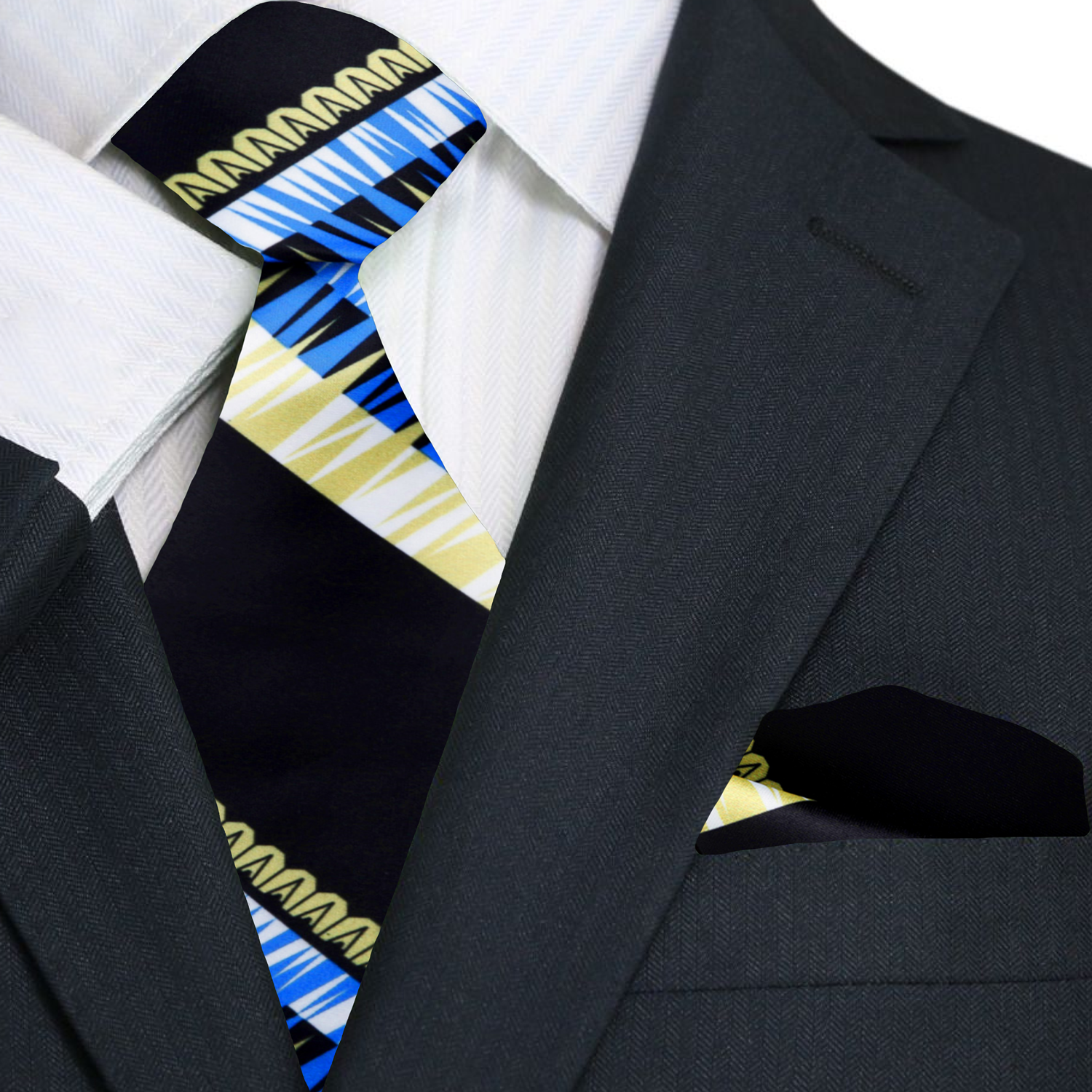 Premium black, blue, yellow abstract tie and square