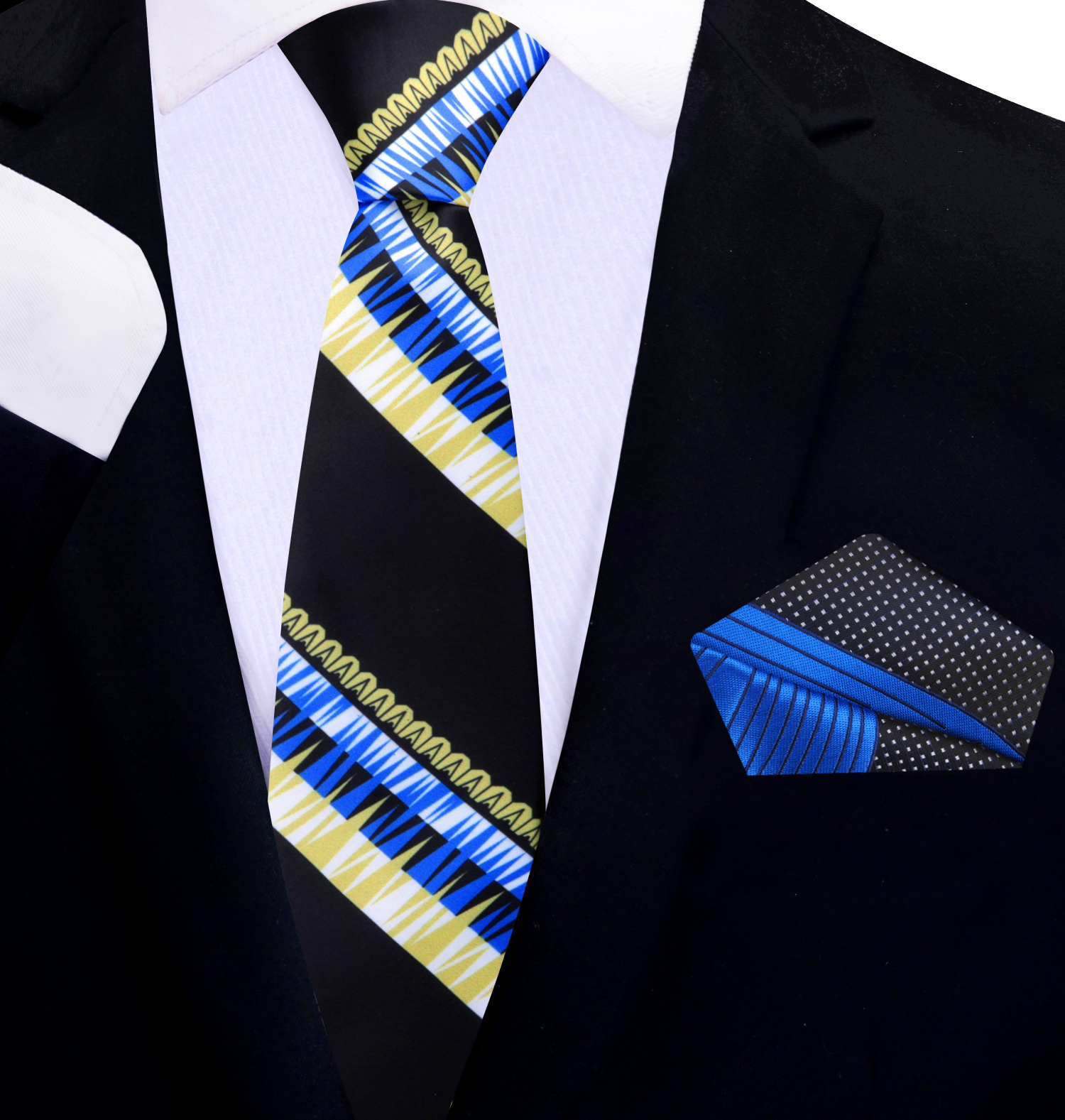 Thin Blue, Black and Yellow Abstract Necktie and Accenting Blue black Abstract Square