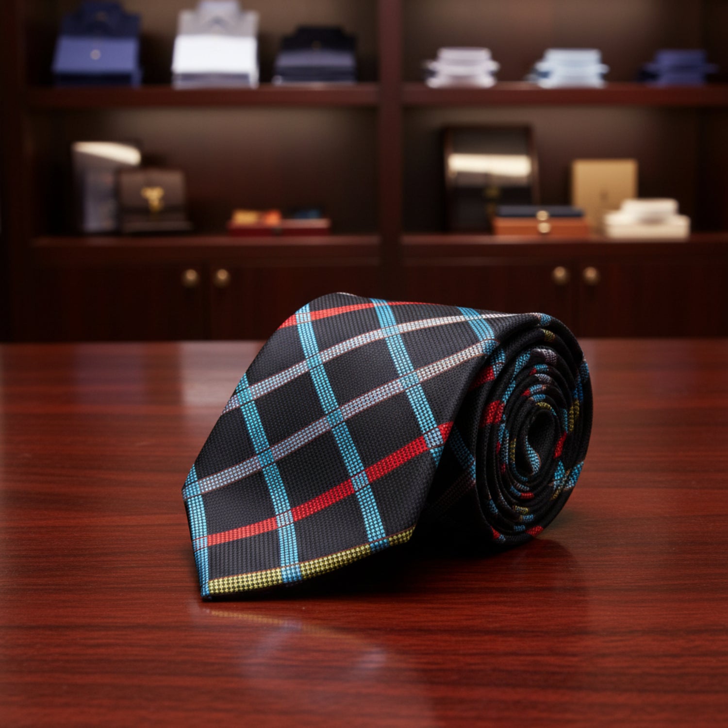 A rolled necktie with a black base and a multicolor plaid pattern featuring blue, red, yellow, and gray dotted lines,  