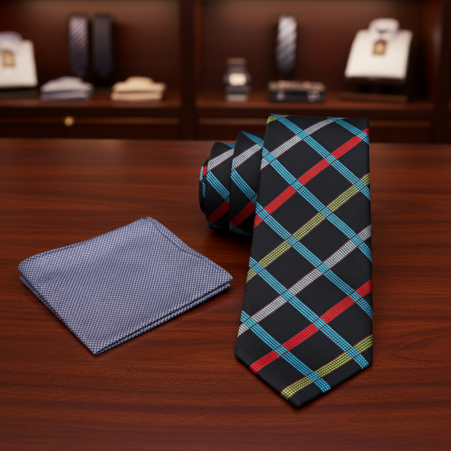 A men's necktie and matching pocket square set . The necktie has a black base with a multicolor plaid pattern in blue, red, yellow, and white.