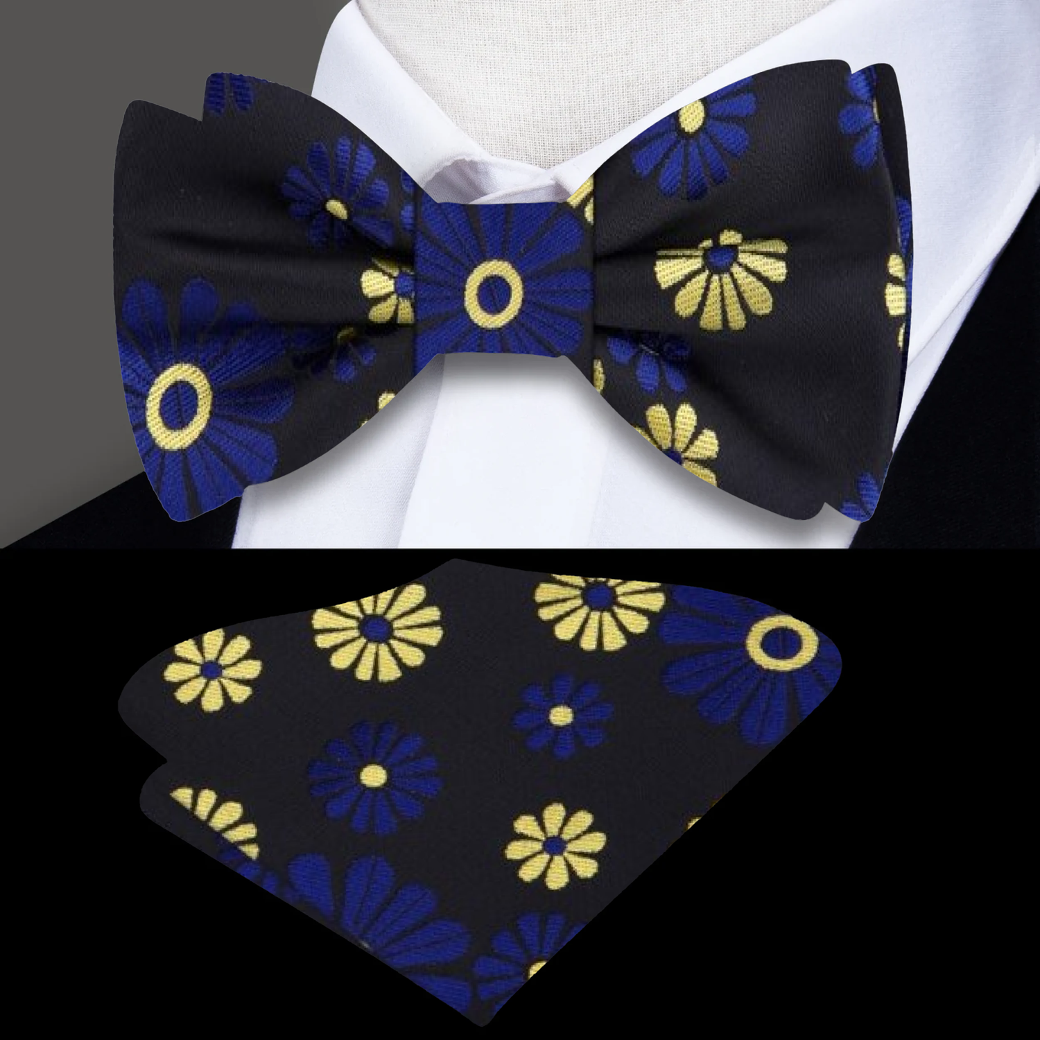 Cactus Flower Bow Tie and Pocket Square||Blue, Gold