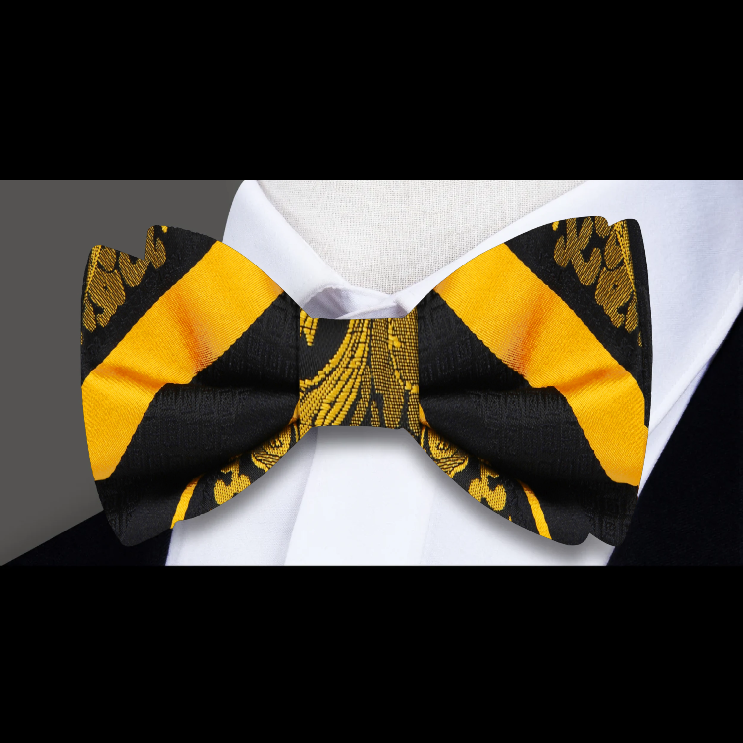 Black, Yellow Floral Stripe Bow Tie