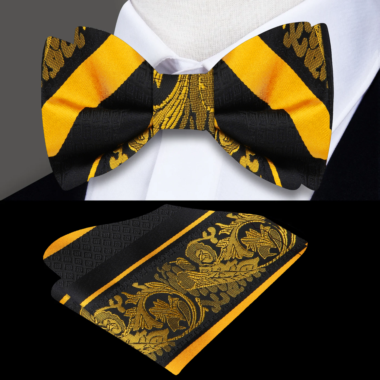 Main View; Black, Yellow Floral and Paisley Bow Tie and Pocket Square