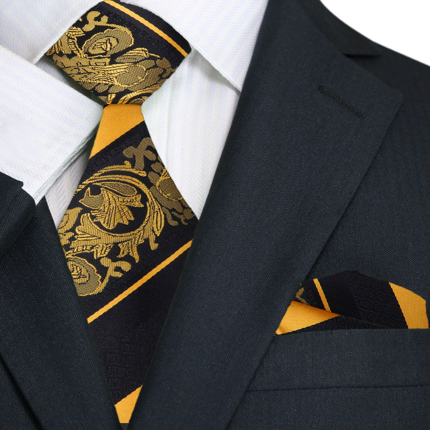 Main: Black, Yellow Intricate Paisley Tie and Pocket Square