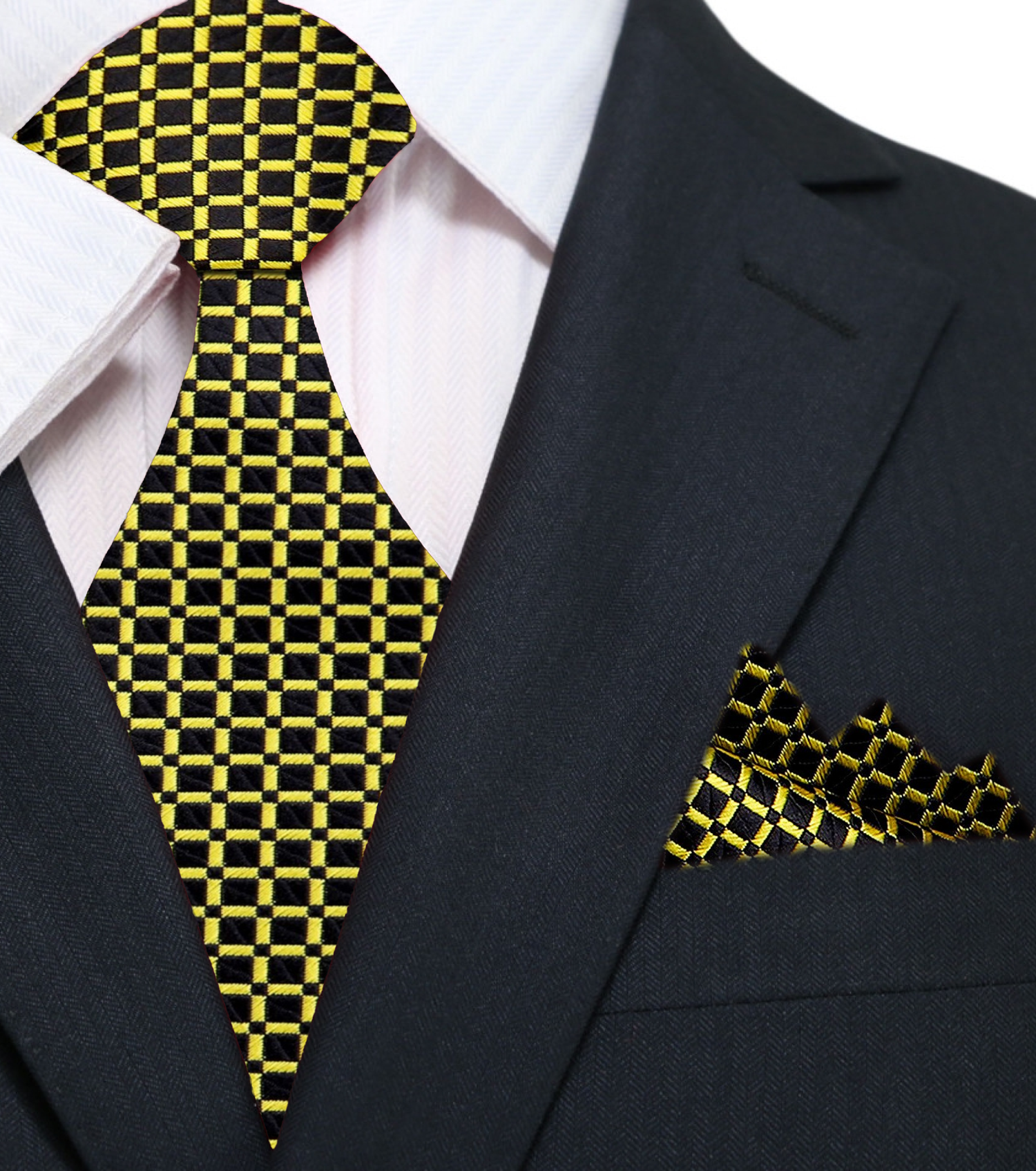 Main: A Black, Gold Small Geometric Check Pattern Silk Necktie, Matching Pocket Square